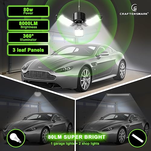 Miniatura 5 de Craftersmark Luces de garaje con sensor de movimiento, luz LED de garaje enchufable de 80 W, luz de tienda enlazable de 8000 lúmenes, luces de