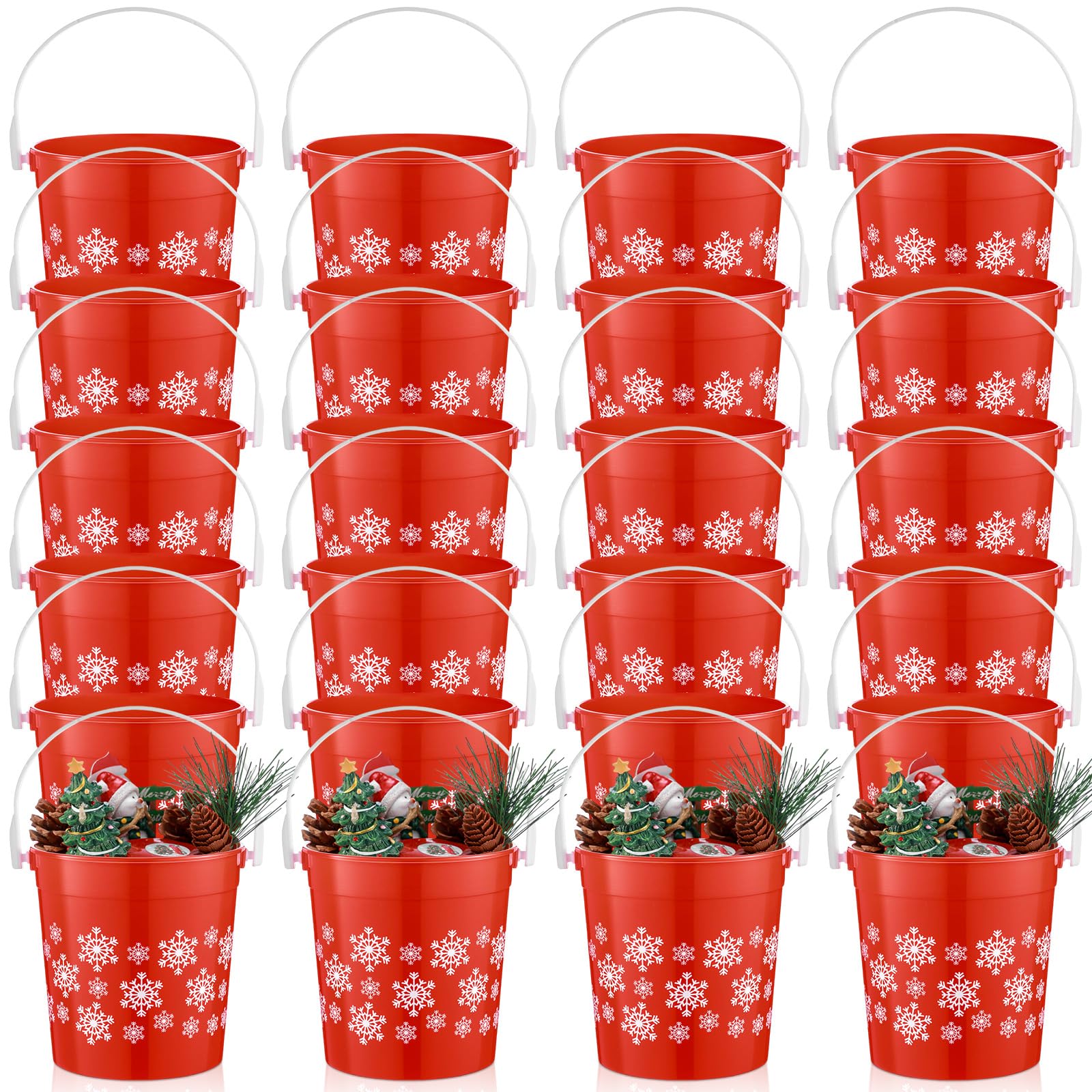 Sunnychicc 24 Pcs Christmas Plastic Buckets with Handle 4.69 x 3.78 x 4.8 Inch Christmas Snowflake Buckets Small Red Candy Pails Gifts Decorative Item