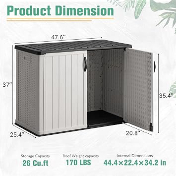 Greesum Outdoor Horizontal Storage Sheds 26 Cu.ft Resin Large Storaged Box Weather Resistance, Without Shelf, Easy to Assemble, Prefect for Garden, Patios, Backyards, White