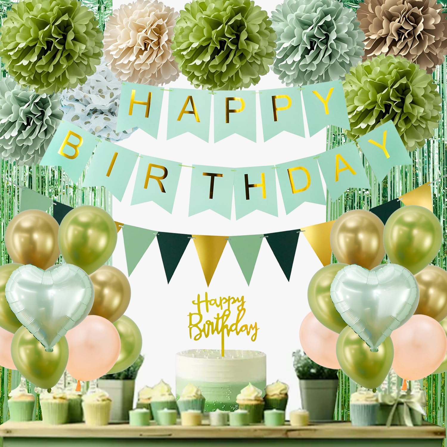 62pcs Sage Green Birthday Party Decorations,Gifts for Women or Kid’s, Happy Birthday Banner with Balloons,Paper Pom Poms,Pennant,Foil Fringe and Hearts for Party Decor