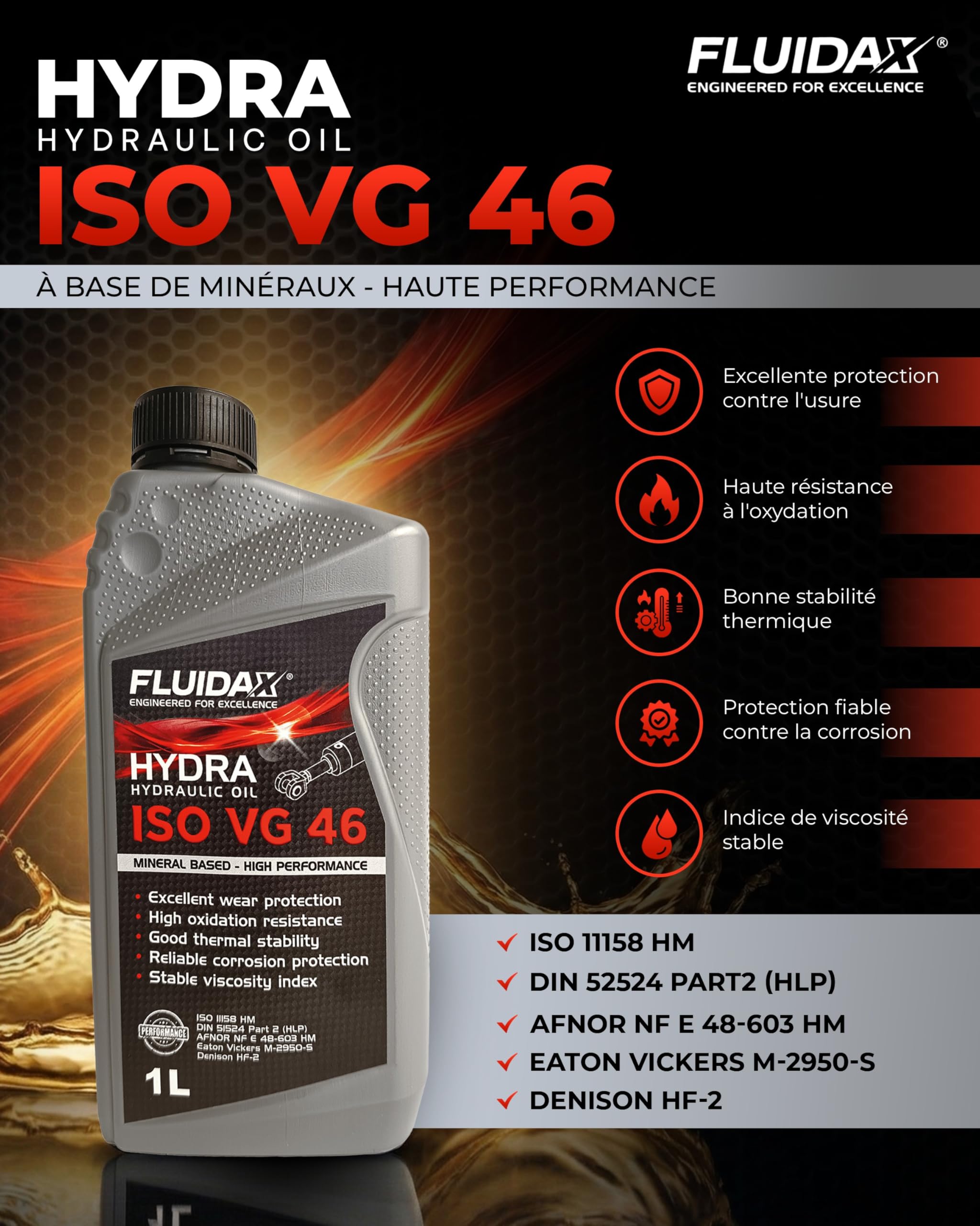 Huile Hydraulique ISO VG 32+46 HLP – Lubrifiant Hydraulique Industriel Antiusure pour Systèmes Hydrauliques, Chariots Élévateurs et Machines Industrielles – DIN 51524 HM – 1 Litre