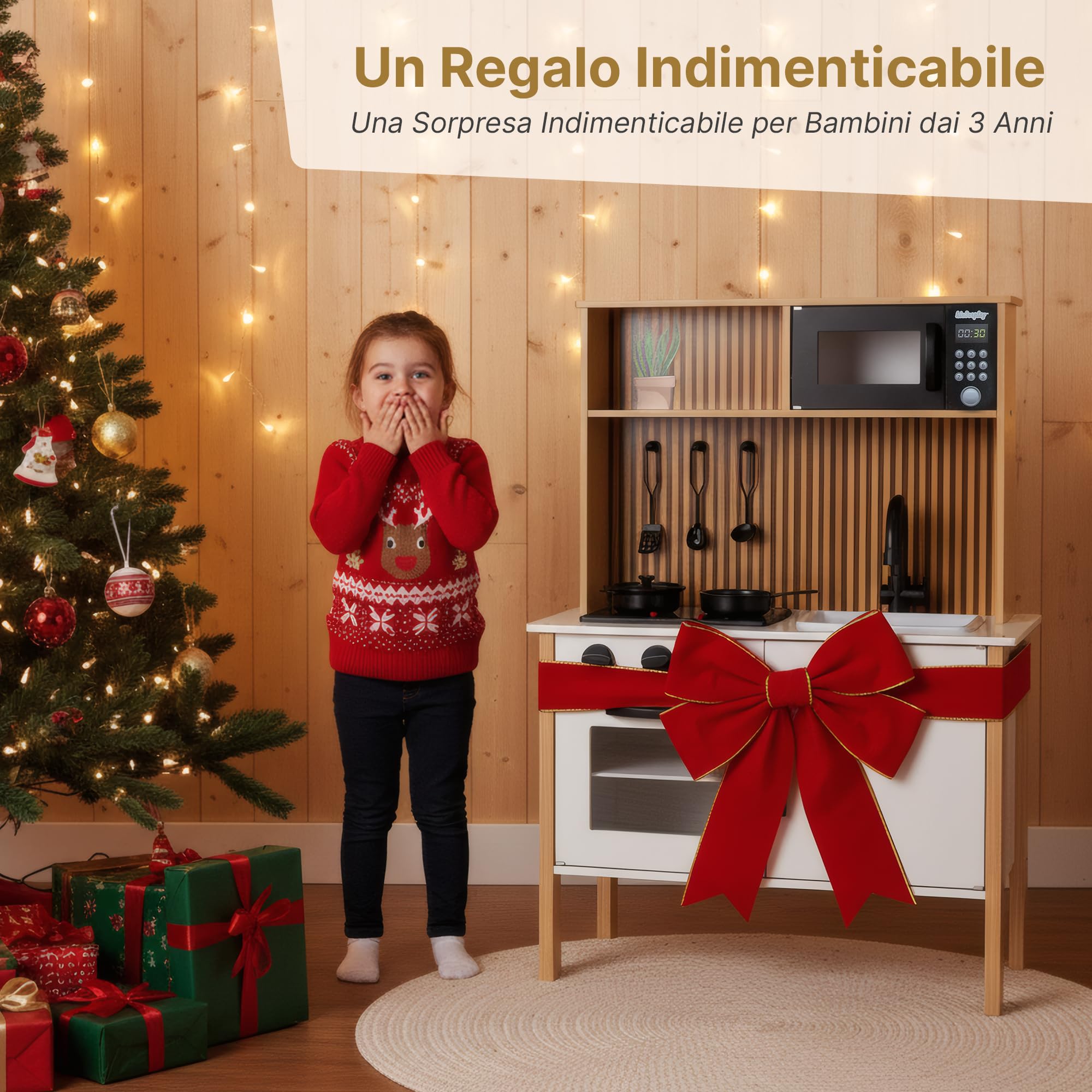 Cucina per bambini in legno con luce e suono - Cucina giochi con accessori, fornello, forno, lavello, microonde, cucina moderna in legno per bambini dai 3 anni in su, GS0070