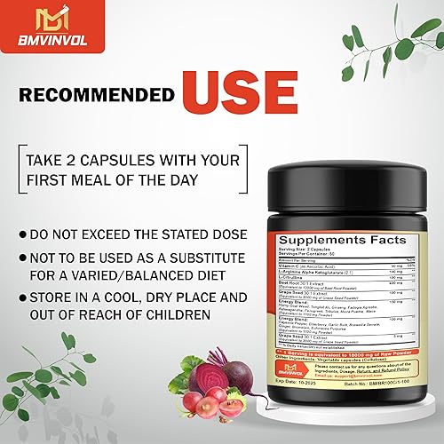 Miniatura 4 de BMVINVOL 100 cápsulas  Suplemento de raíz de remolacha de 18000 mg con L-arginina, L-citrulina, raíz de remolacha y más  Cápsulas de raíz de