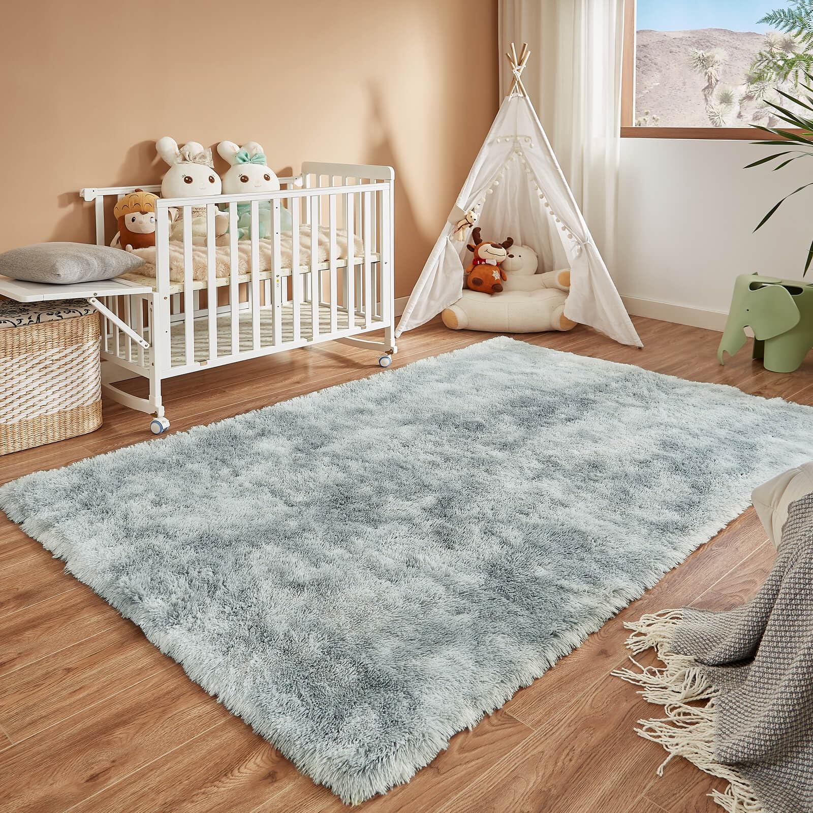 Floralux 4x6 Shag Rug, Tie-Dye Light Grey, Modern Fluffy Rugs for Bedroom, Soft Plush Carpet for Living Room, Nursery Kids Room, Home Dorm Decor
