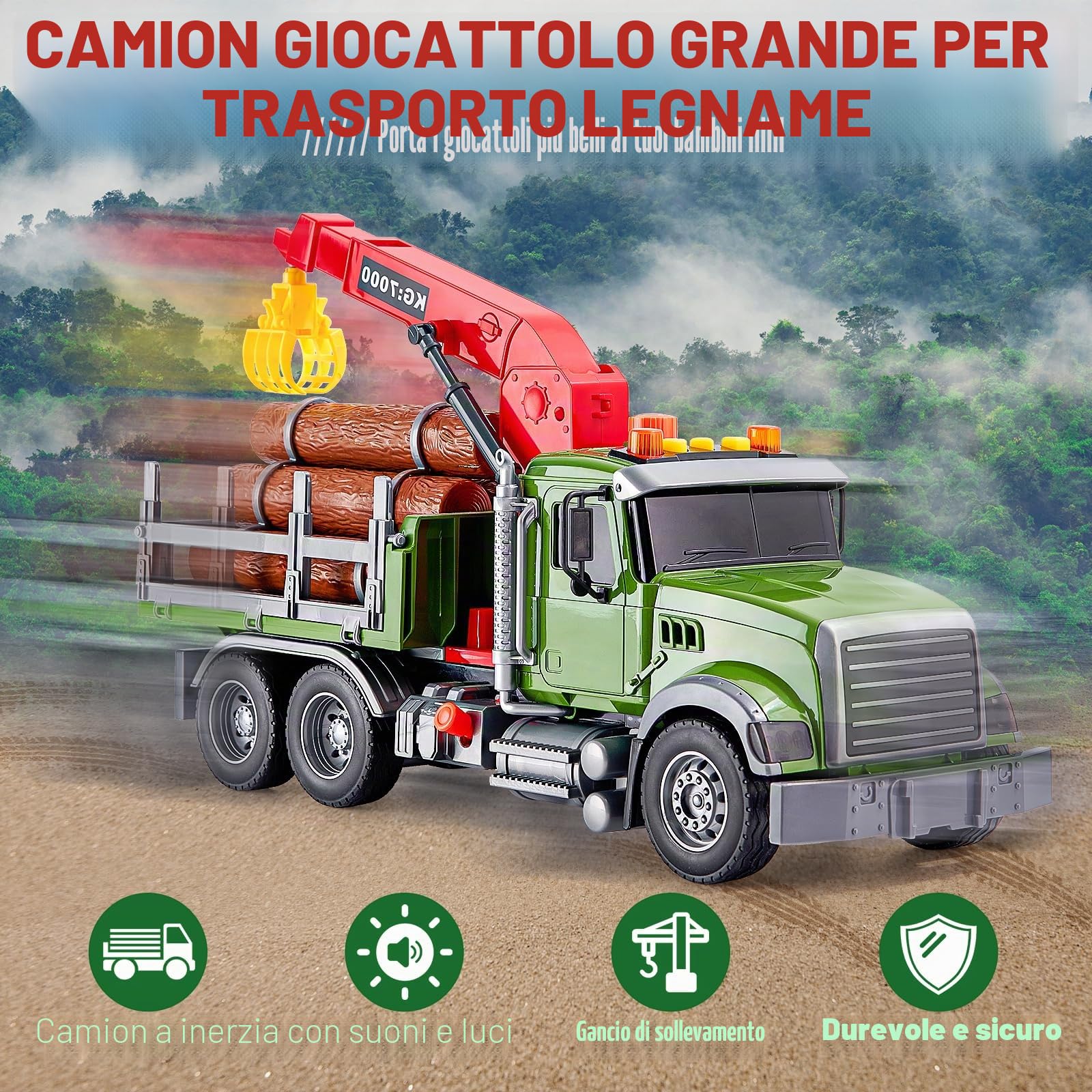 Tacobear Camion da Trasporto in Legno Grande 1:16 con Luci, Suoni e Gru di Carico - Trasportatore Soccorso - Regalo per Bambini 3-6 Anni