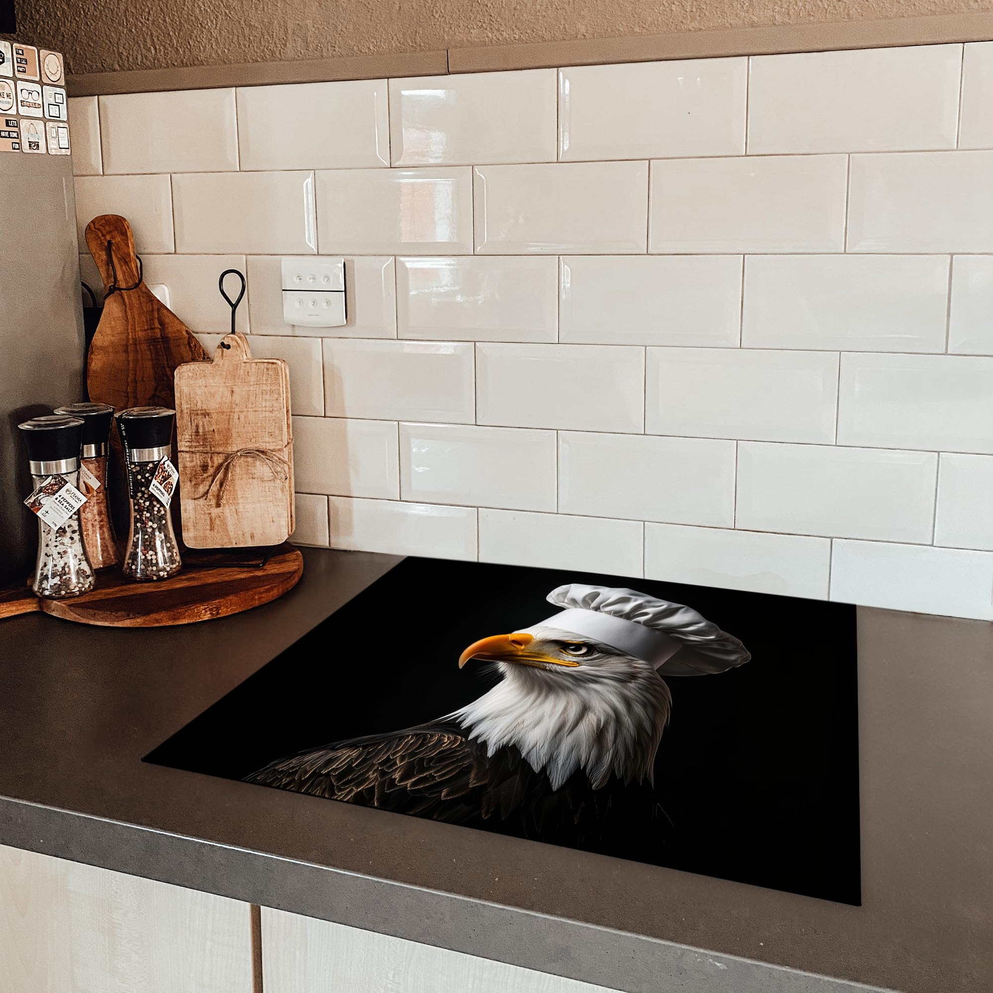 KitchenYeah© Protezione Piano Cottura Tappetino per Induzione 59x52 cm Cucina Proteggi Coprifornello Antiscivolo Aquila - America - Cappello da Cuocu - Uccello - Difficile