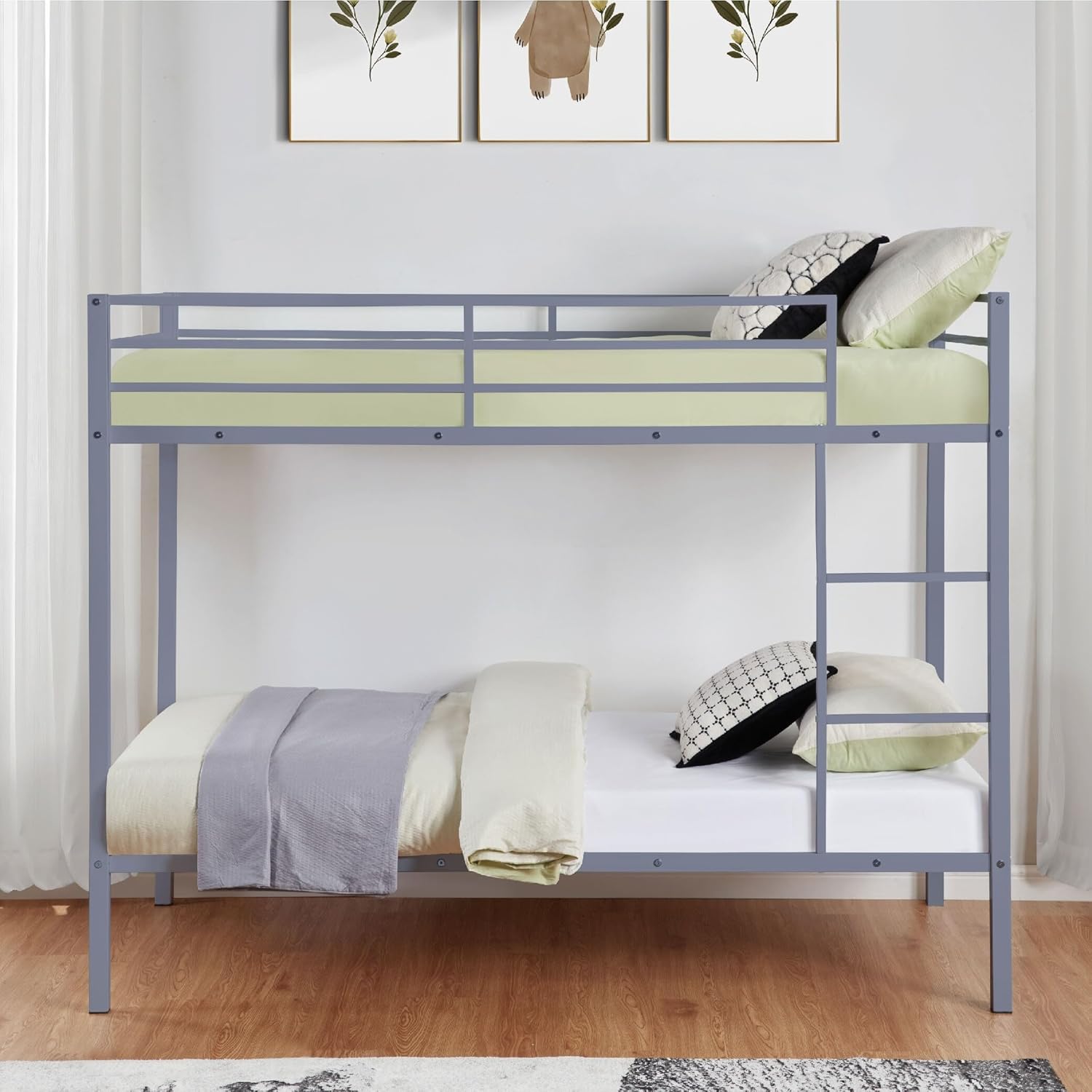 TO'GO HI Twin Over Twin Bunk Bed for Adults & Kids - Heavy Duty Metal Bunk Bed Frame with Ladder & Safety Rails, Noise-Free Sturdy Steel Slats, No Box Spring Needed, Space-Saving Gray Dorm Bed