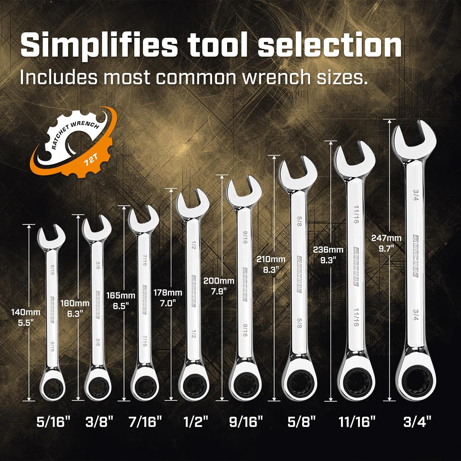 ironcube Ratcheting Wrench Set, 8-piece, SAE Wrench Set 5/16" to 3/4", 72-Teeth Gear CR-V Steel Mirror Polished, with Carrying Bag For Auto Repair