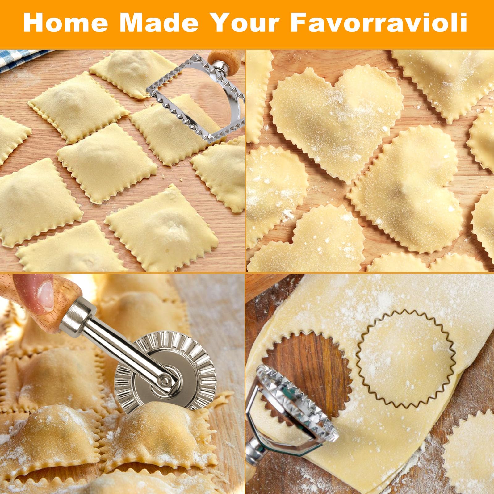 Zestaw 5 sztuk: foremki do ravioli, foremki kwadratowe, okrągłe i w kształcie serca, noże do pizzy, stemple do ravioli do pierogów, ciastek i makaronu