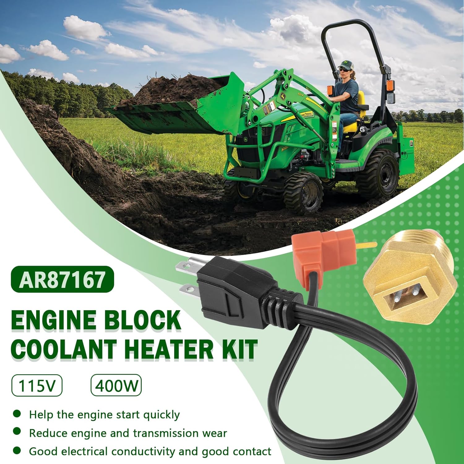 AR87167 Engine Block Coolant Heater Kit with AR8767 Heater Element & AR87168 Power Cord, Fits for John Deere 1025R 110 2210 2305 4210 445 X495 XUV Gator 850D 855D 855M 865E Tractors