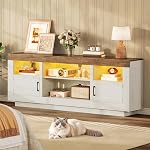 FIONESO 67" TV Stand for up to 75 Inch TV, TV Console with 2 Storages & 4 Shelves, Two-Tone Entertainment Center with LED Light for Living Room, Bedroom, White and Brown