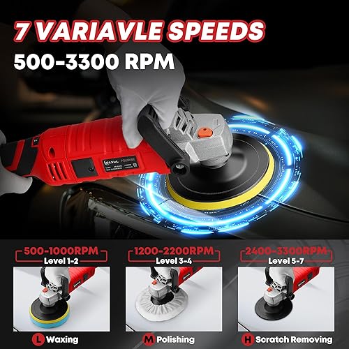 Miniatura 3 de SILVEL Pulidora de tampón, 1600 W, pulidora de 7 pulgadas/6 pulgadas para detalles de automóviles, máquina de cera, 7 velocidades variables, con 6