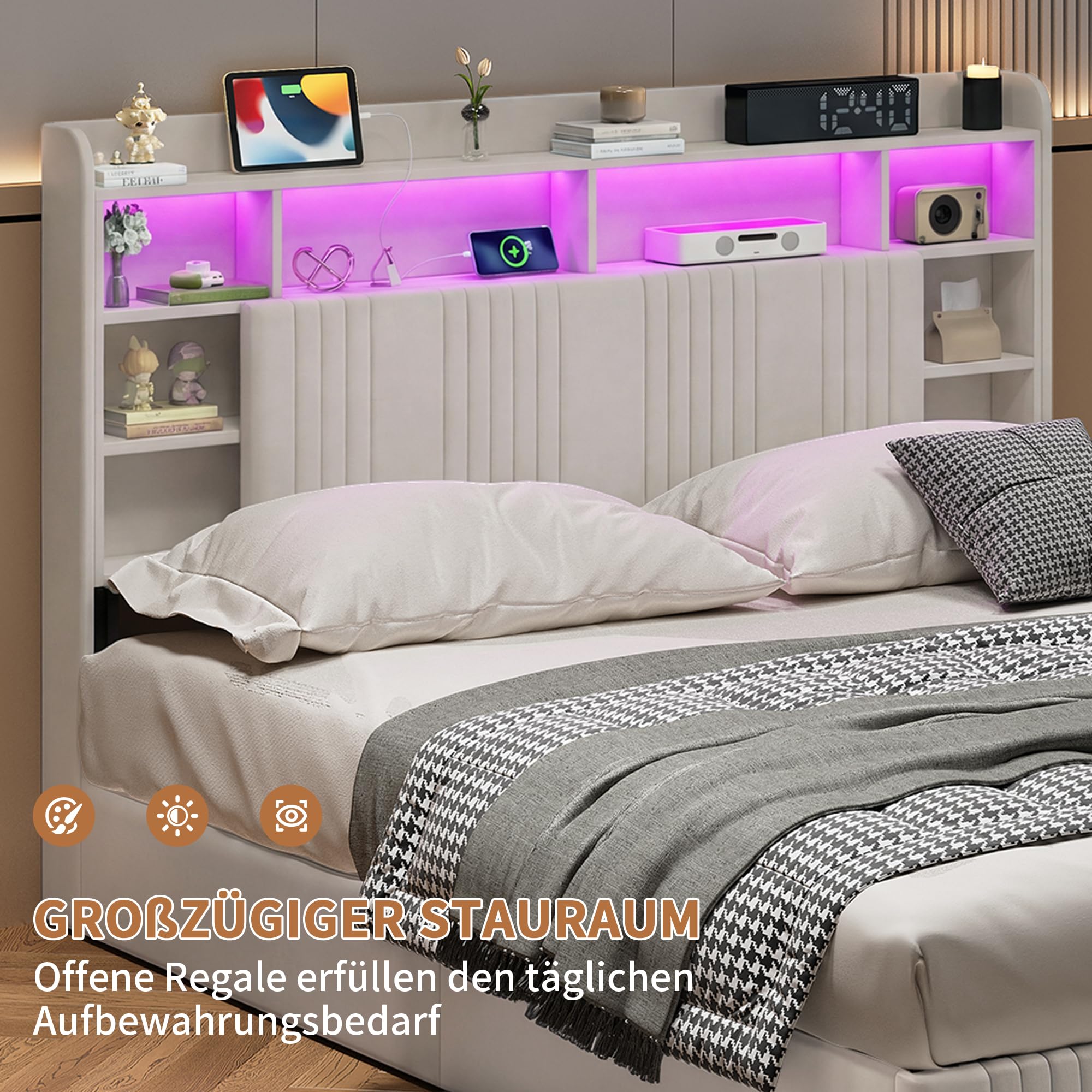 Polsterbett 140x200cm Doppelbett mit USB- und Typ-C-Ladeanschluss,LED Doppelbett Hydraulisch Stauraumbett mit Lattenrost,Jugendbett Funktionsbett,bett 140x200 mit stauraum (Beige+Leinen, 140x200cm)