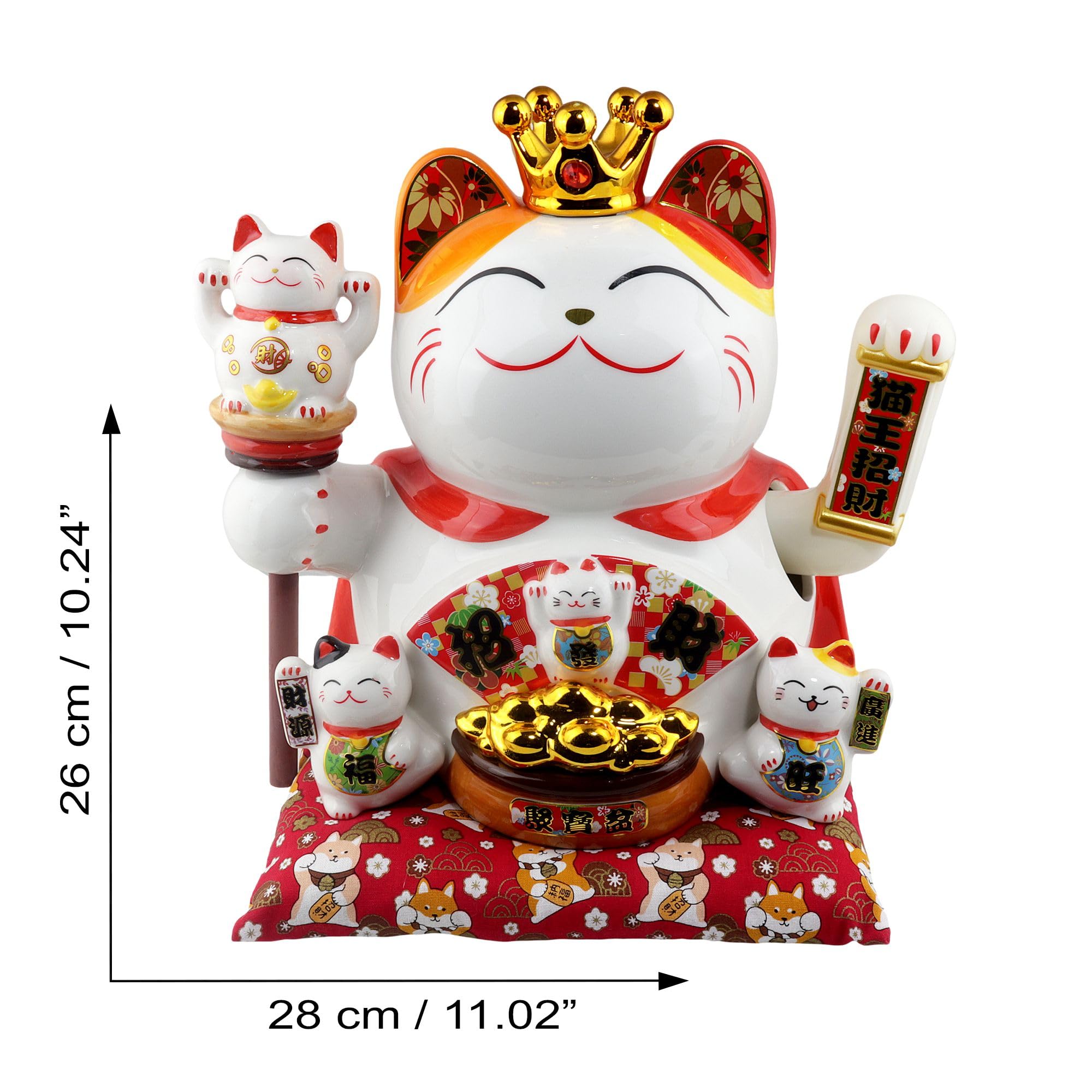 Freak Scene Agitando Gato Chino Maneki-Neko Corona Porcelana 26cm Gato Saludando Blanco Lucky Cat