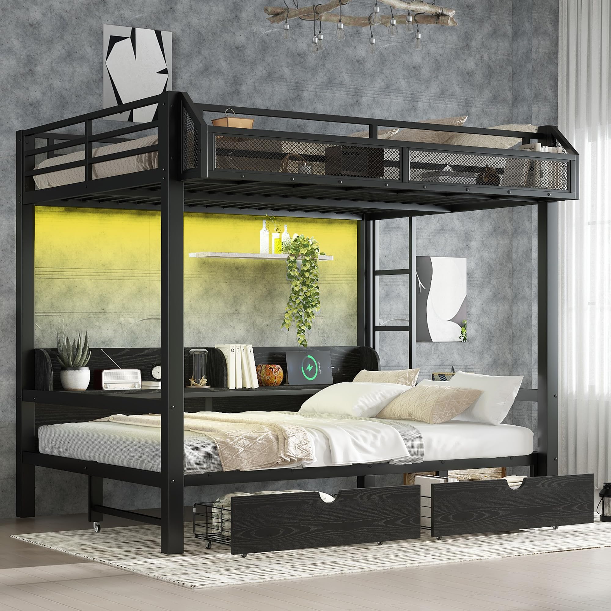 Bellemave Metal Full Over Full Size Bunk Bed Frame with Storage Drawers and Shelves,Heavy Duty Kids Bunk Beds with LED Lights and Charging Station for