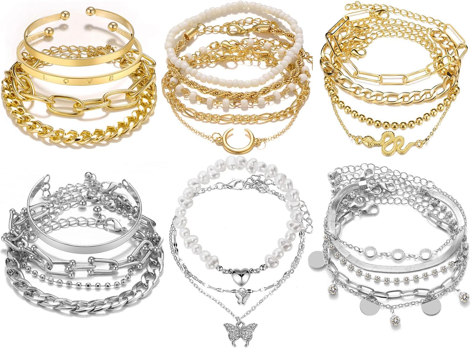 18-25 PCS(6 Pack) Boho Gold Bracelets Set for Women Stackable Chunky Dainty Bangles Adjustable Chain Flat Cuff Cuban Punk Charm Bundle Jewelry
