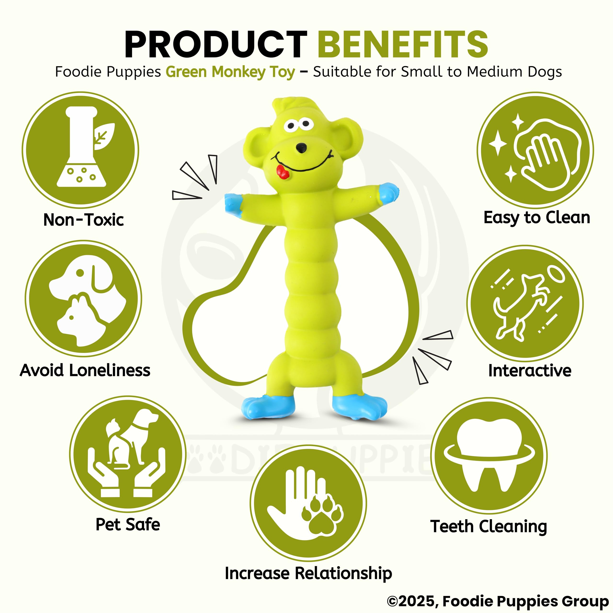 Foodie Puppies Interactive Latex Squeaky Chew Dog Toy - (Green Monkey, 20cm) | Small to Medium Dogs & Puppies | Durable, Rubber, Non-Toxic, Animal Design Playing & Fetching Pet Toy | Reduce Anxiety 3