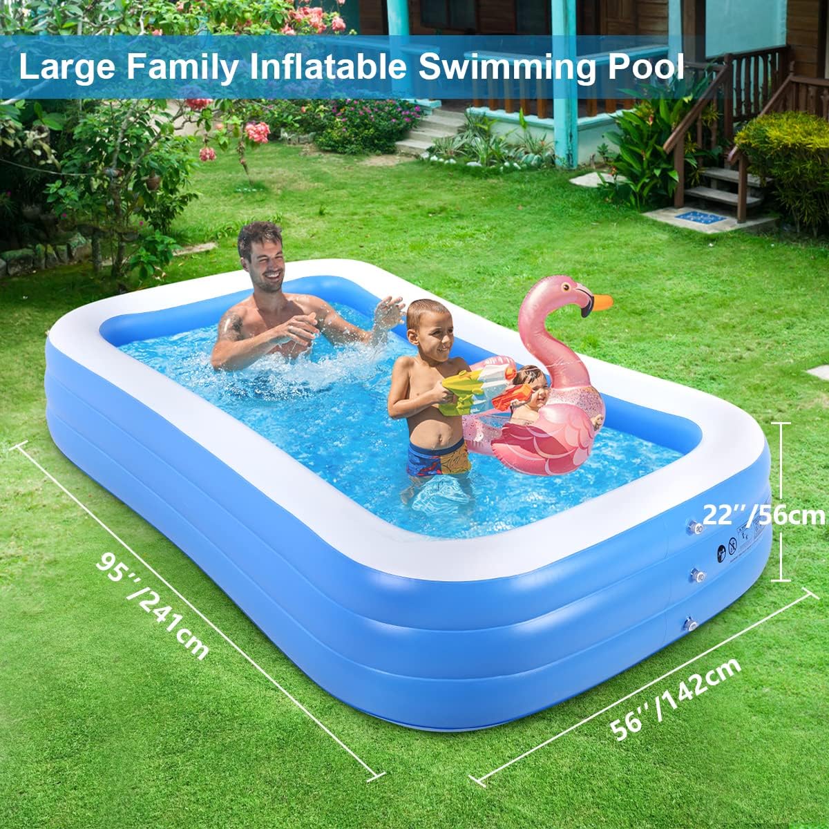 Duerer Inflatable Pool Children with Adults Rectangular 241 cm x 142 cm x 56 cm, Above Ground Pool, Family Pool for Backyard, Summer Water Party, Outdoor Garden Swimming Pool - immagine 2