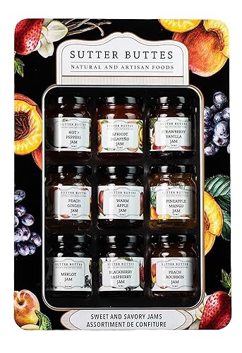 Sutter Buttes Sweet and Savory Jams - Lata de regalo surtida, 9 sabores, tarro de 2 onzas cada uno, 18.0 onzas