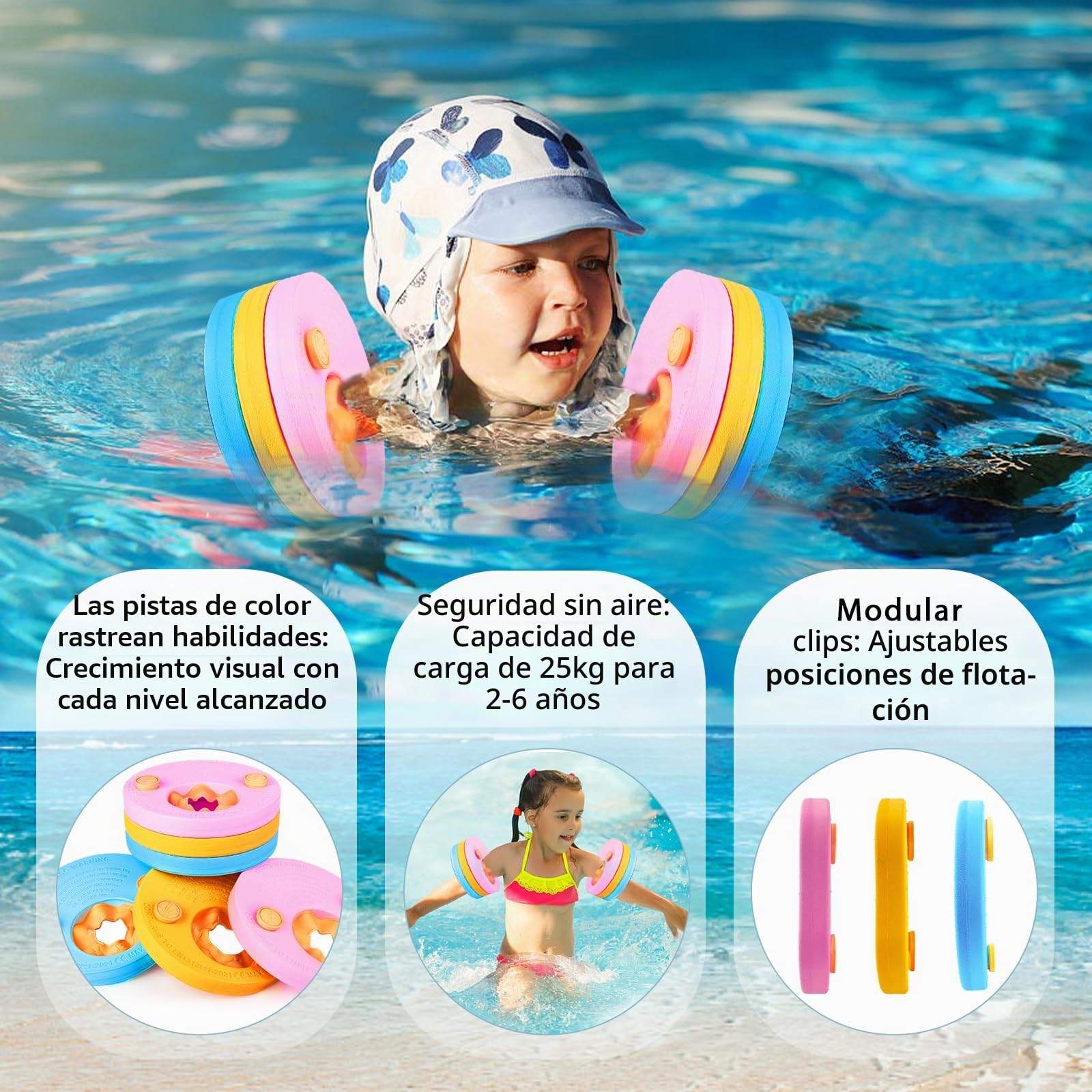 Manguitos de natación para niños, 6 unidades, discos de natación para niños y niñas, de 3 a 6 años, discos flotantes con bolsa de cordón, EVA con delfín, disco de natación para piscina, playa