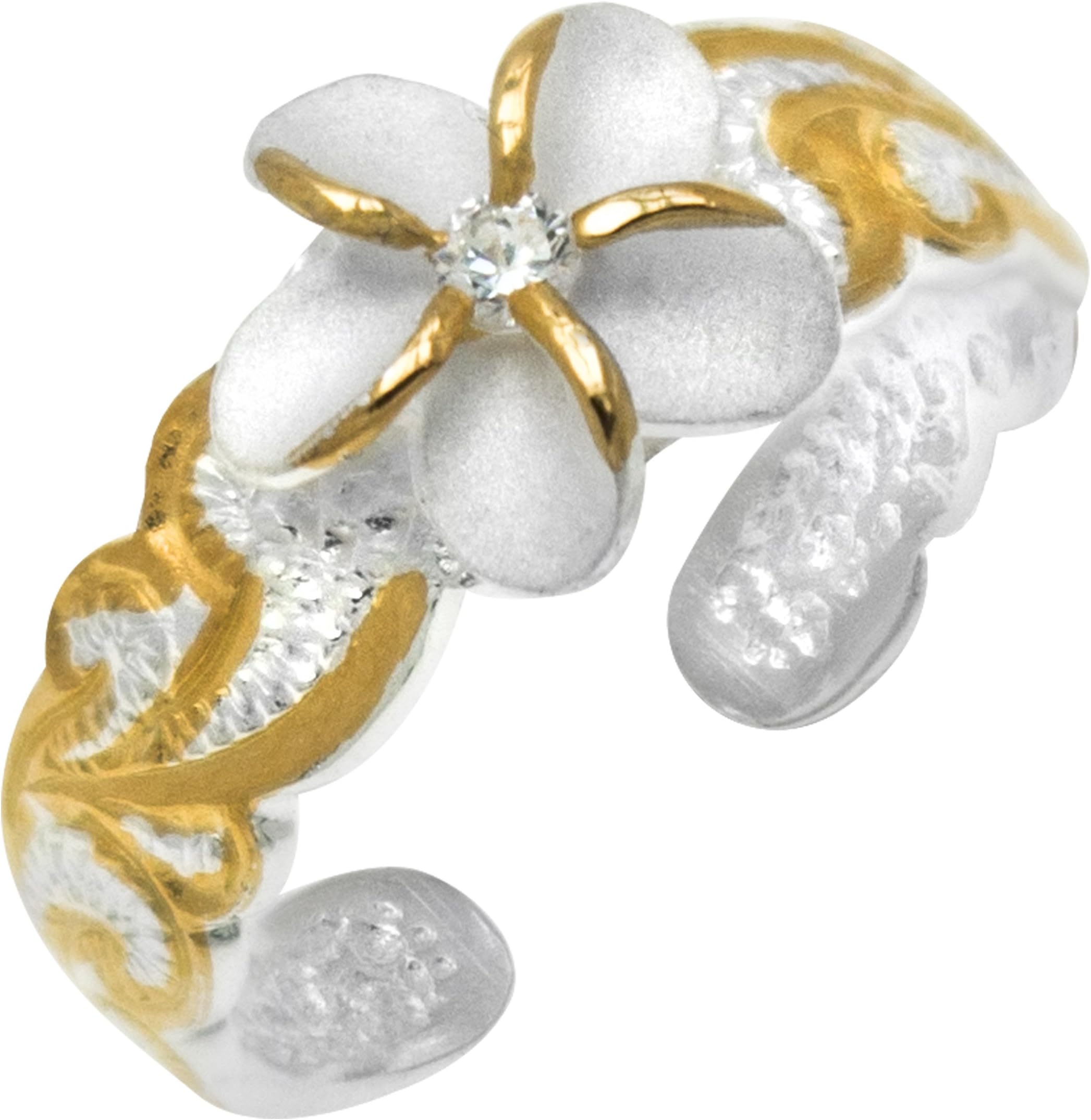 Sterling Silver Two Tone Plumeria Flower Nature Hawaiian Scroll CZ Toe Ring with 14K Yellow Gold Plated Trim