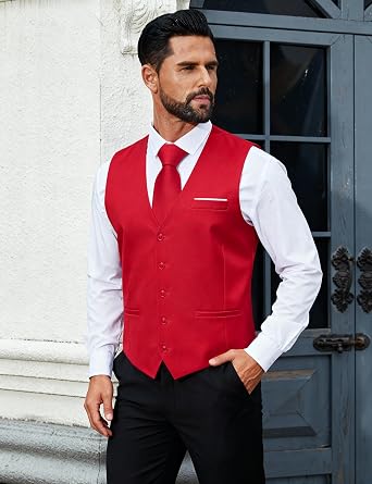 YOHOWA Men's Formal Suit Vest and Tie Set Waistcoat Tuxedo Vest V-Neck