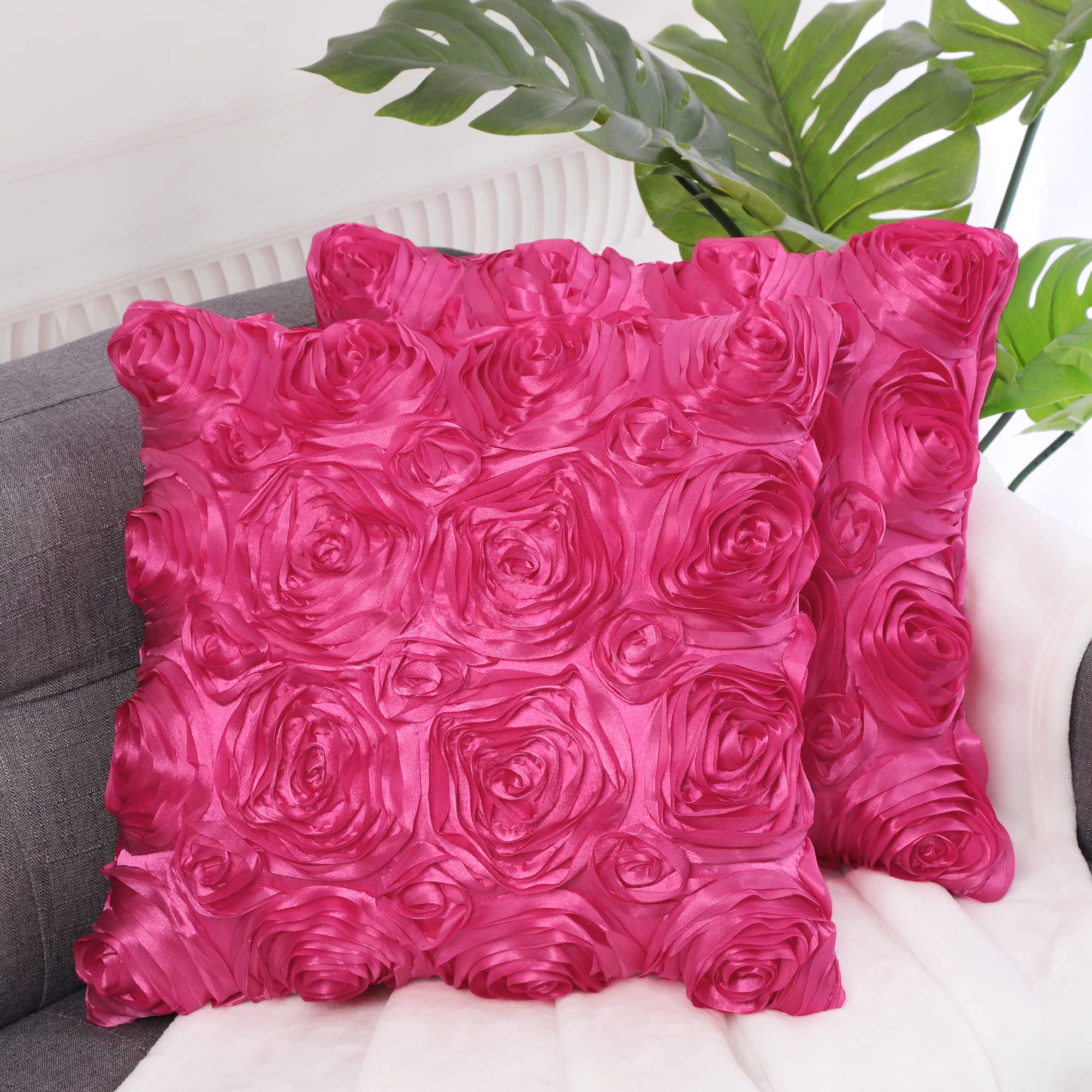 Juego de 2 fundas de almohada con diseño de flores 3D, románticas fundas de cojín decorativas de satén, funda de almohada con rosas estéreas, para cama, sofá, 16 x 16 pulgadas, color 2