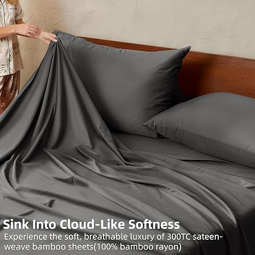 Miniatura 3 de GOKOTTA - Juego de sábanas Split King de 5 piezas, 100% rayón Tanboocel de bambú, suaves y transpirables, con esquinas profundas de 16" y tiras