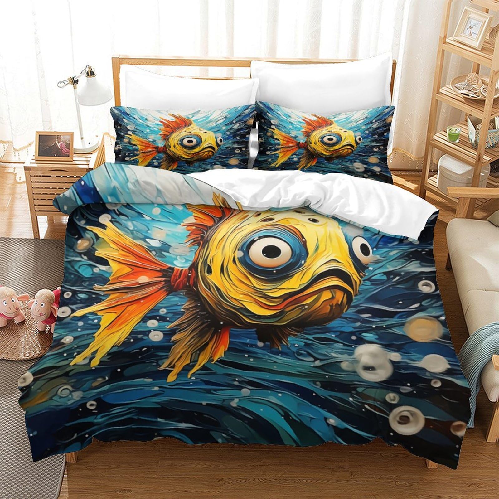 Housse de couette poisson dorée 3D anti-plis lit Super King