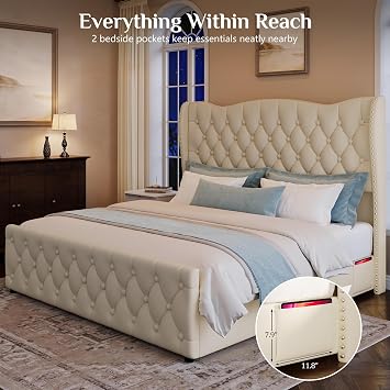 King Size Bed Frame with 53.15 High Crown Headboard, Beige