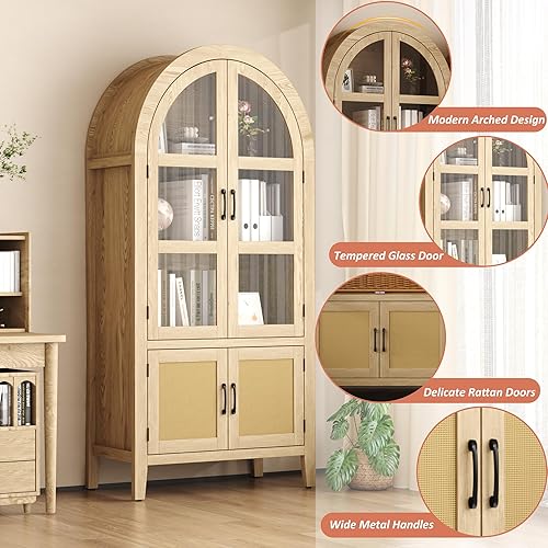 Miniatura 7 de Function Home 71" Arched Kitchen Pantry Cabinet, Farmhouse Storage Cabinets with Glass Door, Tall Wood Bookshelf with Rattan Door, Modern Cupboard