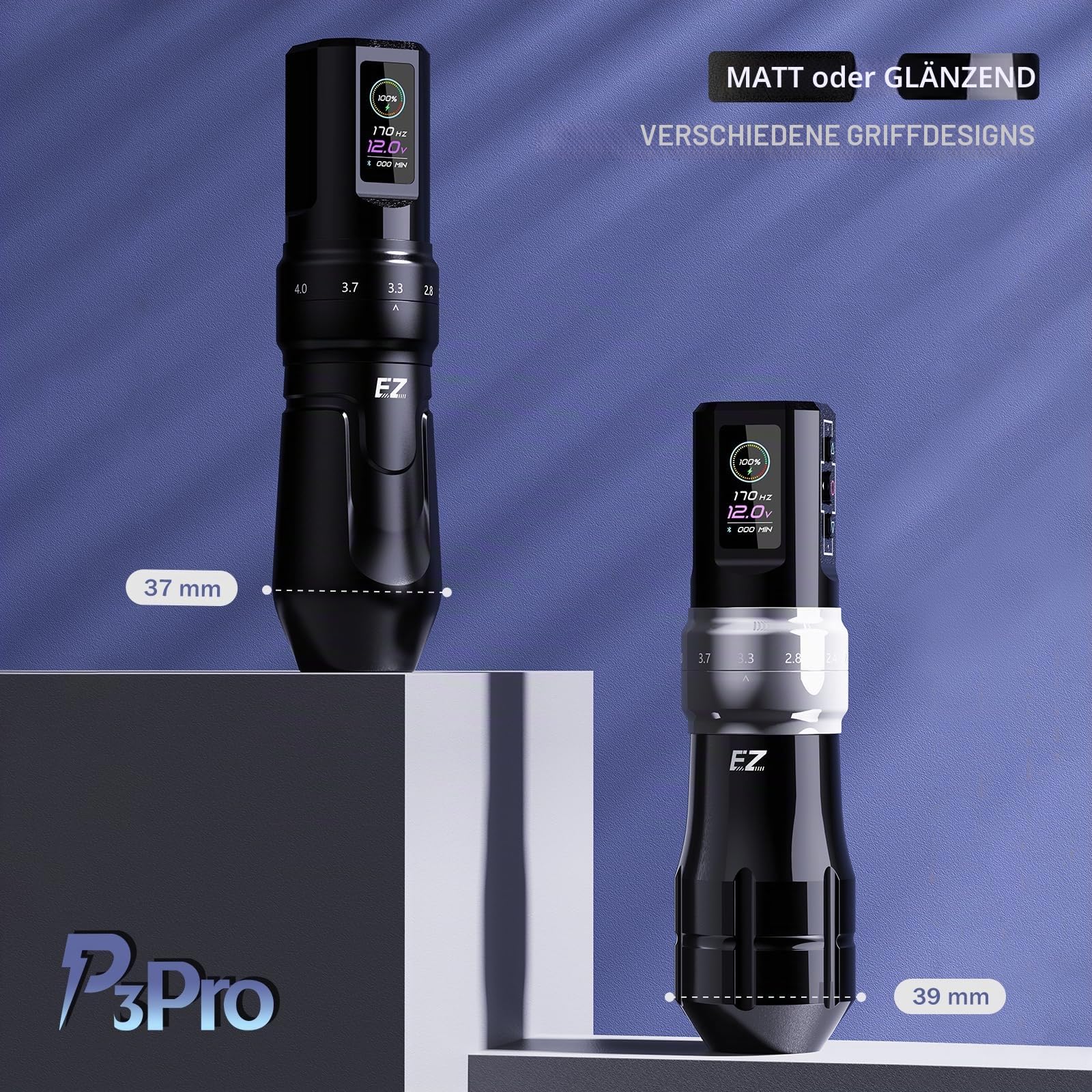 EZ P3 Pro Drahtlose Tattoo Maschine - 6 Anschläge 2.0, 2.4, 2.8, 3.3, 3.7, 4.2mm Bluetooth Tattoo Maschine mit OLED Digitalanzeige 1600mAh Akkuleistung (Mattes Schwarz)