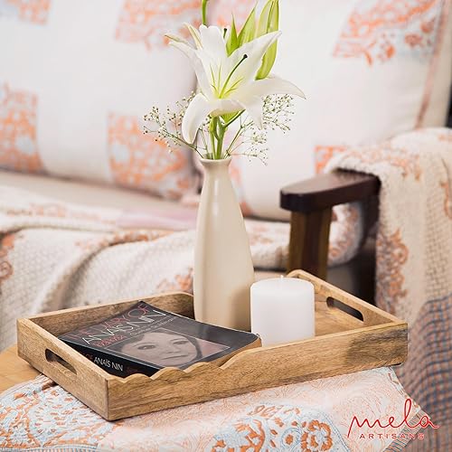 Miniatura 5 de Mela Artisans Bandeja de madera para servir con asas, 15 x 10 x 1.75 pulgadas, bandeja decorativa de madera de mango, bandeja otomana, aperitivos,