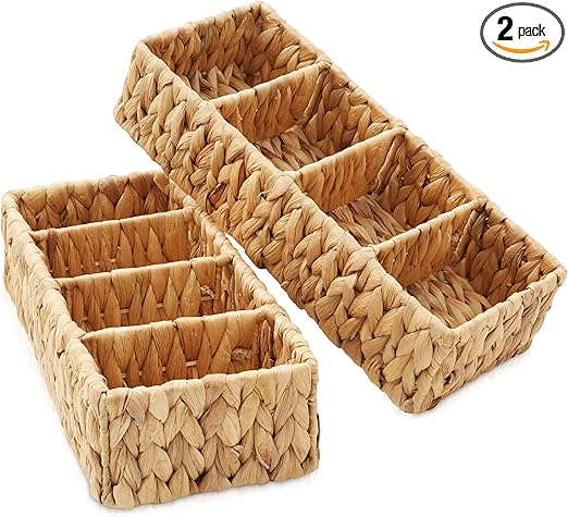 Casafield Set of 2 Water Hyacinth Basket Organizers with 4 Sections, Natural - Woven Storage Bins for Bathroom, Laundry, Pantry, Office, Shelves