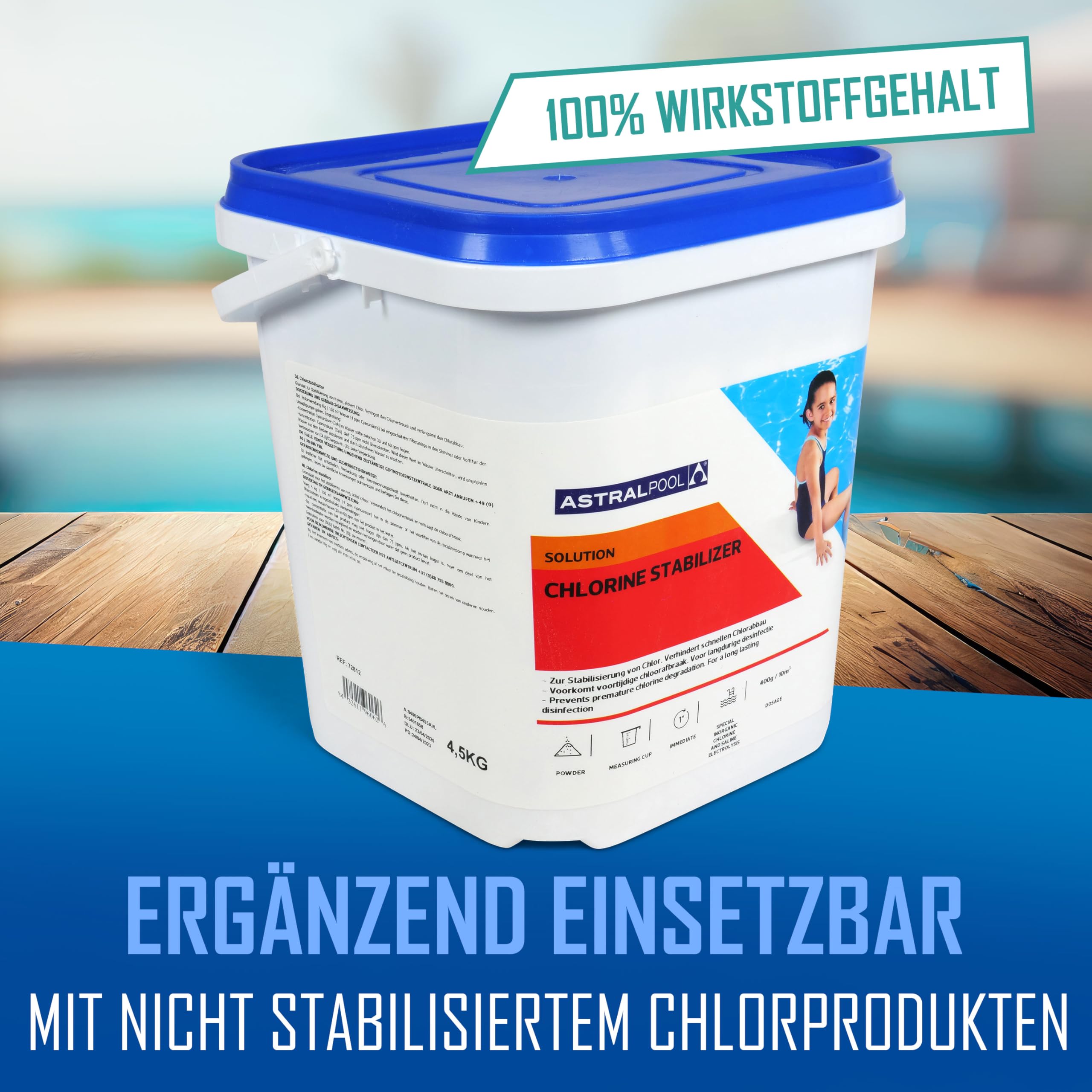 Astral Pool Chlor Stabilisator 4,5 kg - Verhindert Verlust von Chlor - langsam & rückstandsfrei löslich - Pulver - Ideal für Pools mit Salzelektrolyse