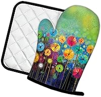 Vista 2 de Guantes de cocina abstractos florales para acuarela, guantes de cocina y soportes para ollas de cocina, juego de 2 piezas, almohadilla resistente al
