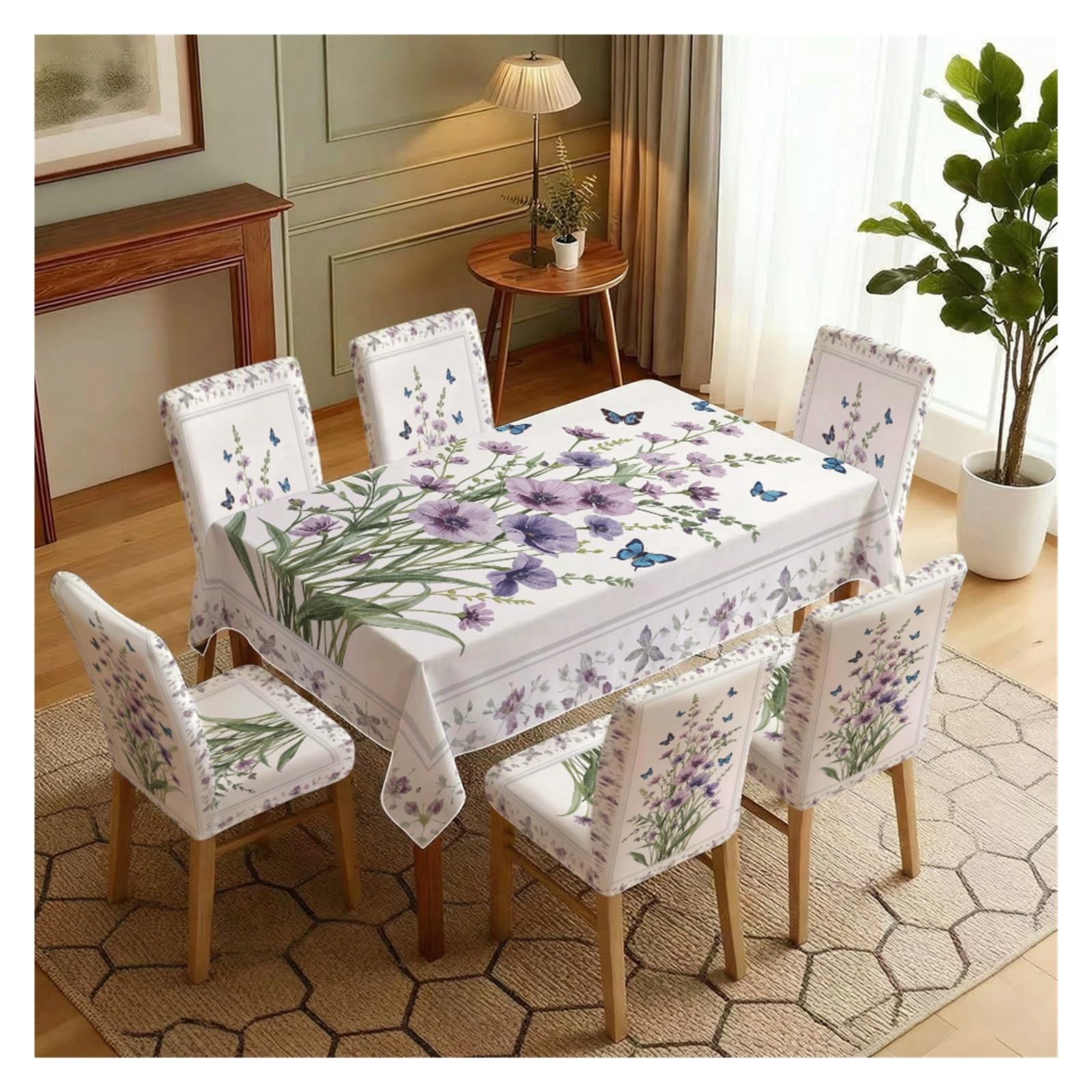 KXUAUV White Base Purple Wildflower Butterfly Stretch Dining Chair Slipcover & Tablecloth Set, Rustic Farmhouse Home Decor, 5/7 Pack Party Decor(7pcs Set: Tablecloth+Chair Covers)