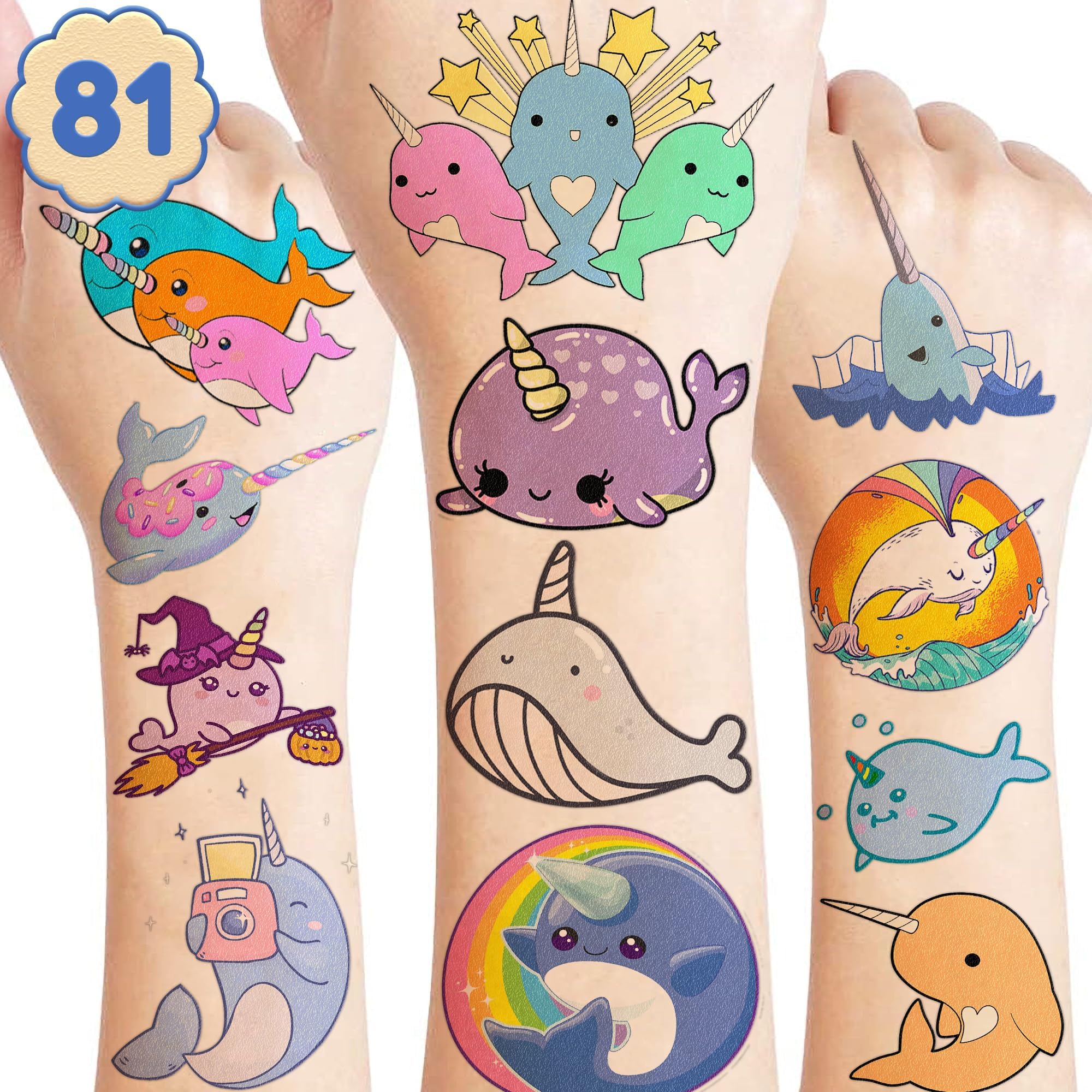 96PCS Narwhal Temporary Tattoos - Whale Unicorn Themed Birthday Party Supplies, Cute Stickers for Kids, Fun Party Favors, Classroom Prizes, Christmas Gifts for Girls & Boys