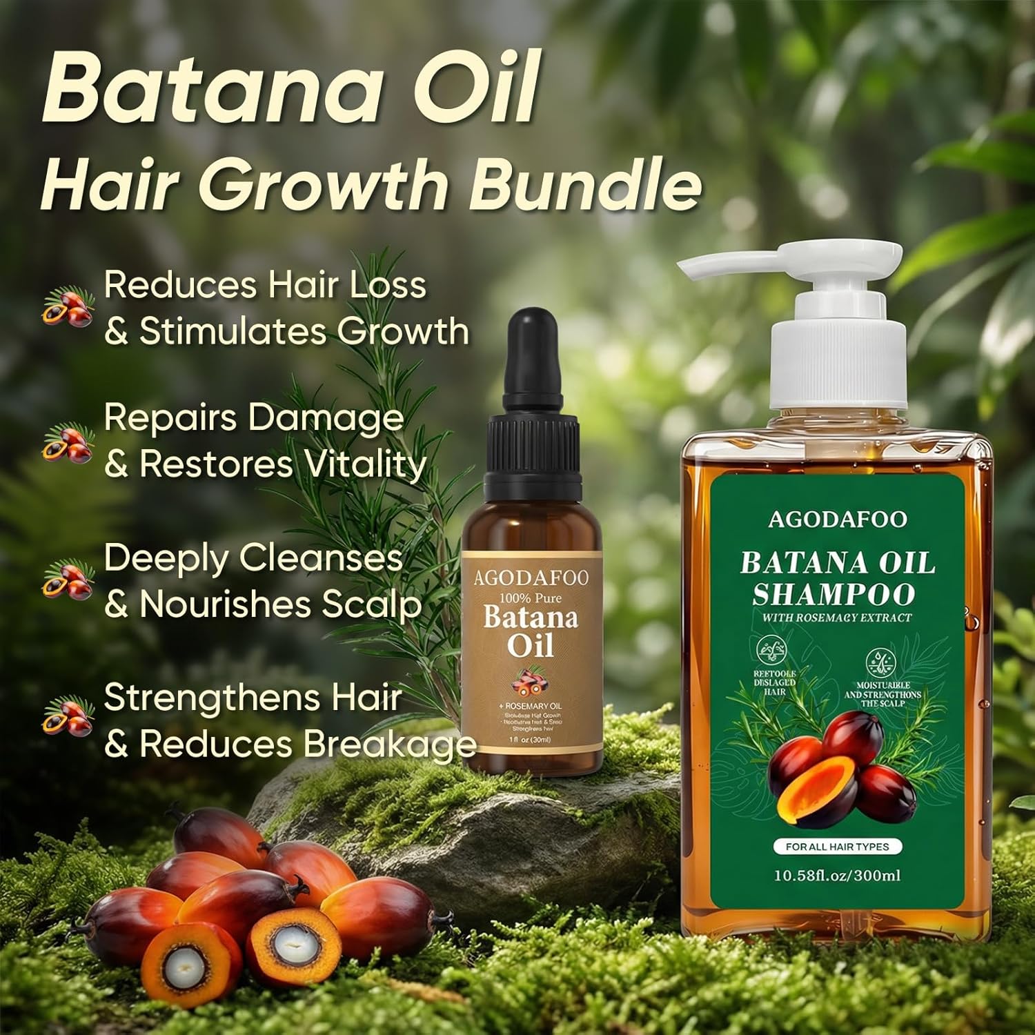 Batana Oil Shampoo & 100% Natural Hair Oil with Rosemary, Batana Oil for Hair Growth, Gently Cleanse Scalp, Help Strengthen Reduce Breakage, Hair Growth Product for Women & Men (10.58 fl.oz+1 fl.oz)