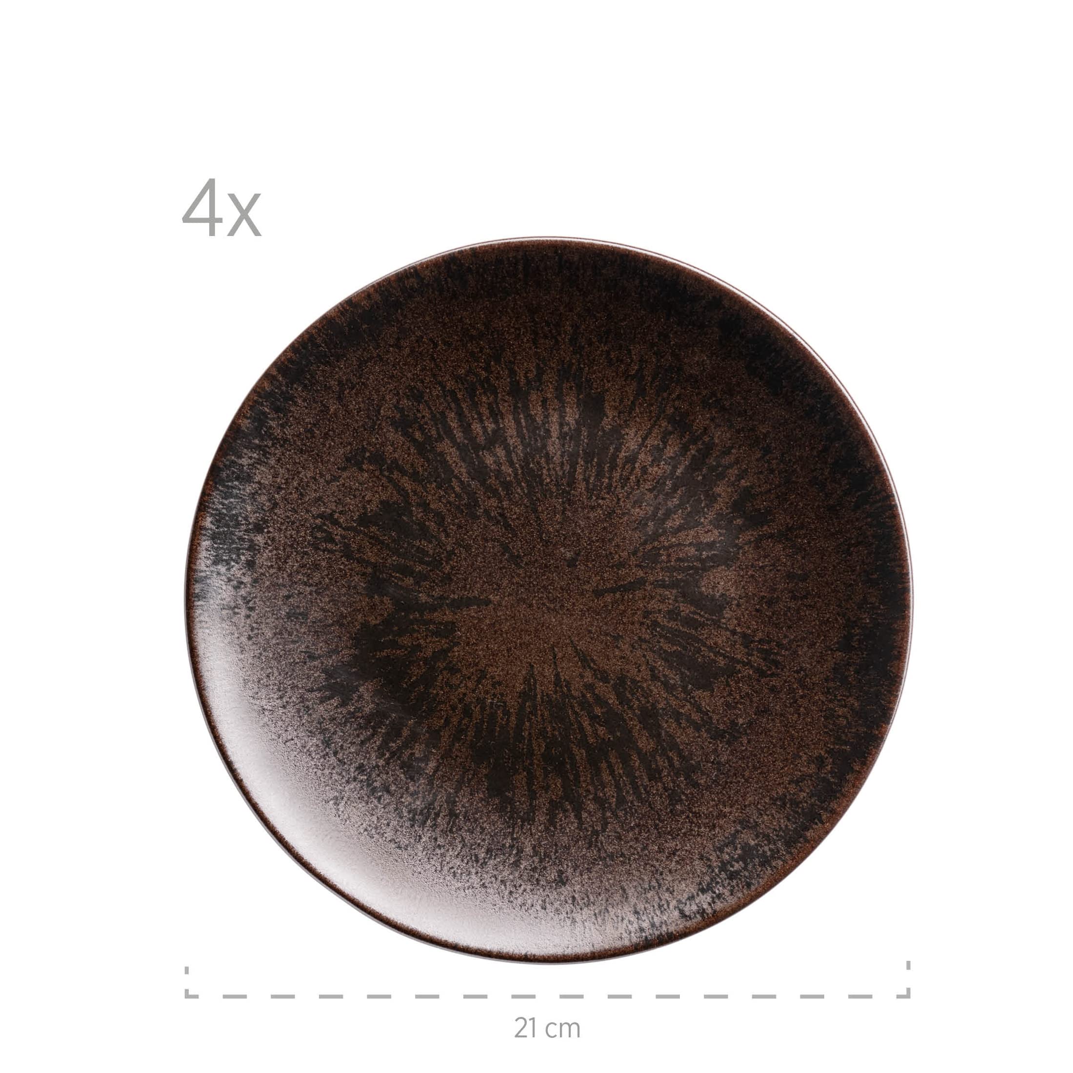 MÄSER Vajilla de bronce metálico, 12 piezas para 4 personas con esmalte noble brillante, juego de platos con plato llano, plato hondo y plato de postre de cerámica de alta calidad, gres, color marrón