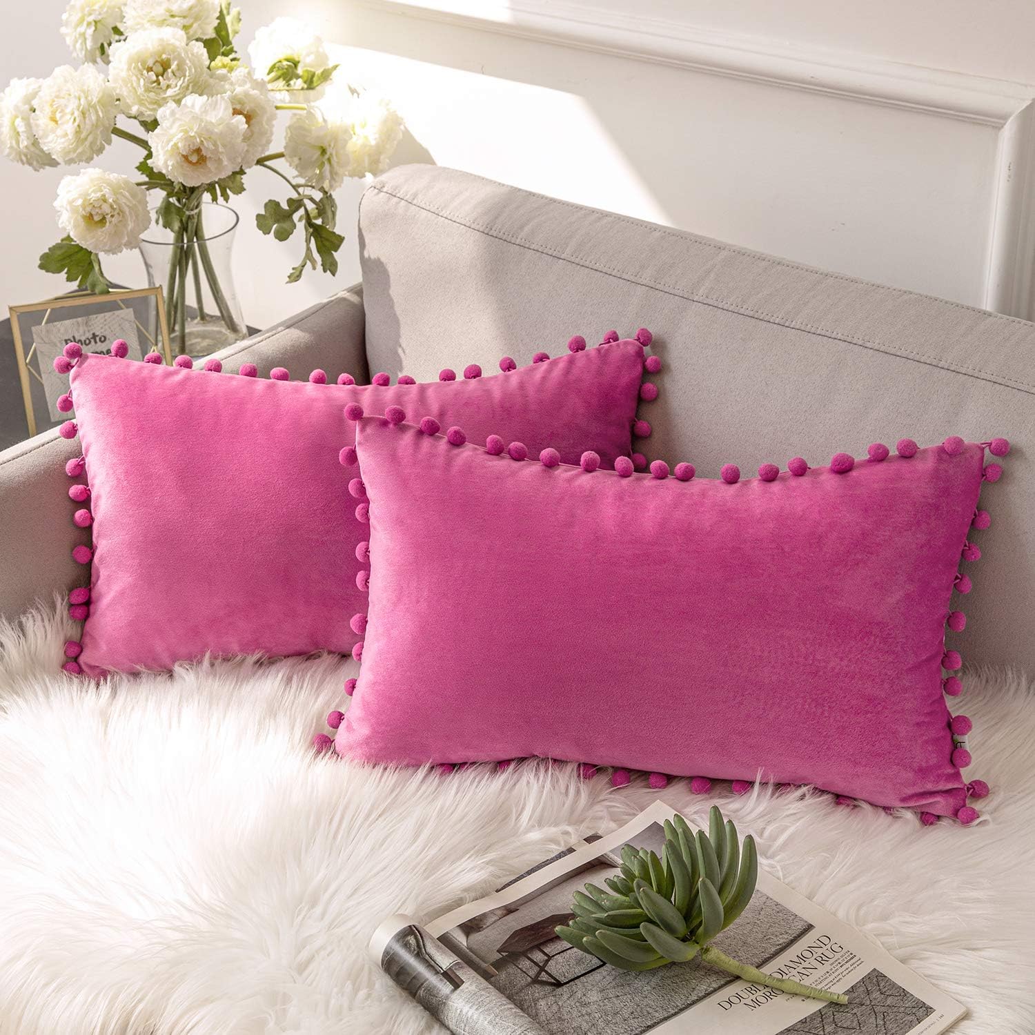 Ashler Home Deco Throw Pillow Cases with Soft Pom Poms Velvet Plush Vibrant Elegant Cushion Covers, Pack of 2, Pink 12 x 20 inches 30 x 50 cm