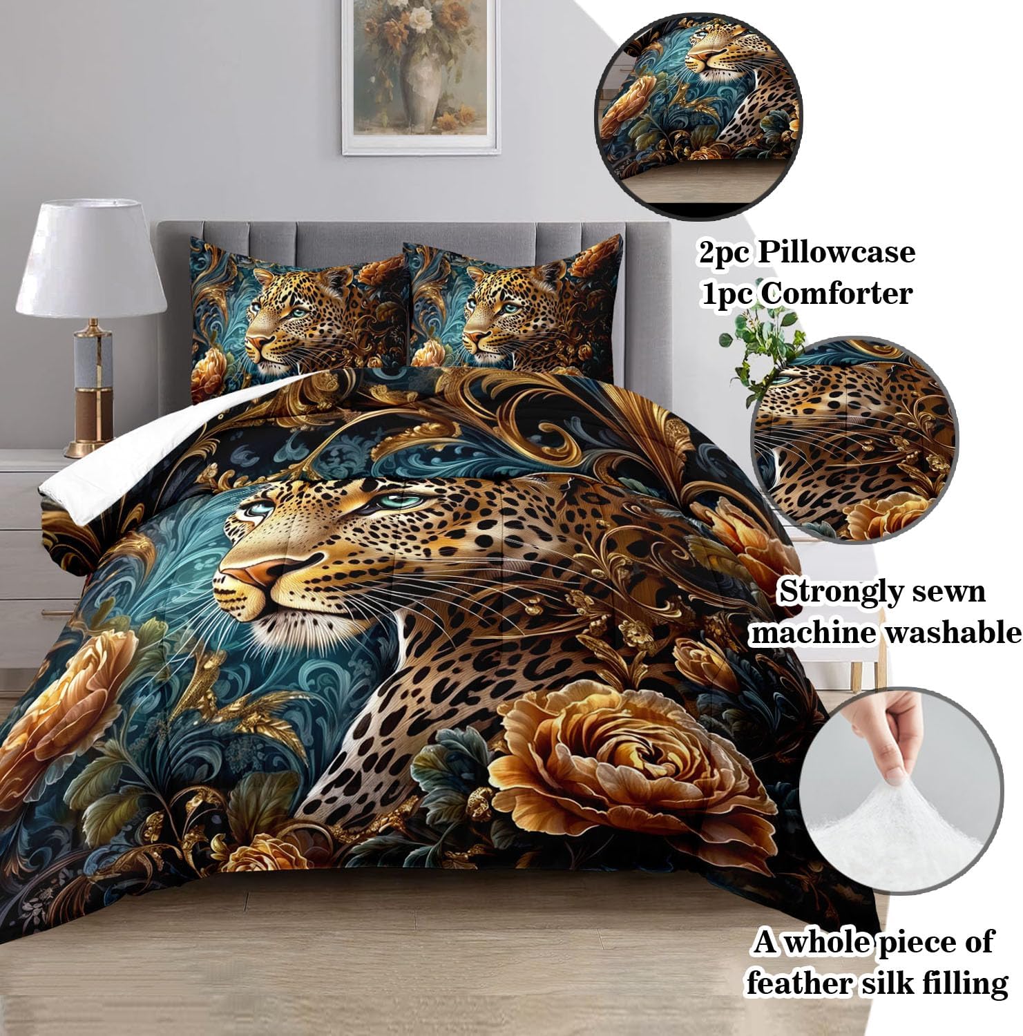 Raphus cucullatus Gold Cheetah Comforter Set Queen,Tropical African Animal 3D Leopard Bedding Black Bed,Gold Rose Quilt Bedding Cheetah,Leopard Queen Size Quilt Set
