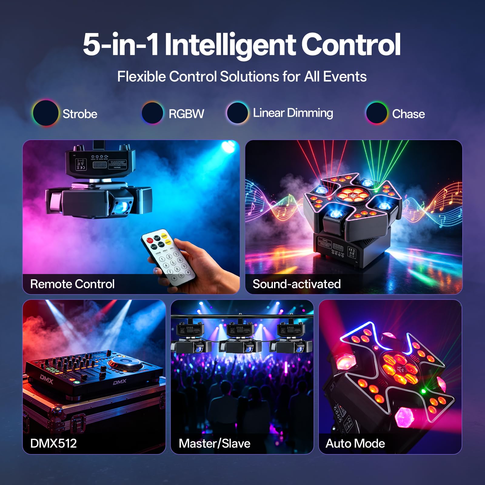 150W Moving Head Bühnenlicht,4-Arm LED RGB Wash Rotating Partylicht Strahl mit Fernbedienung,DMX512 Discolicht Stroboskop Lichteffekte,Beam Stage Lights für DJ Bar Club Hochzeit Halloween
