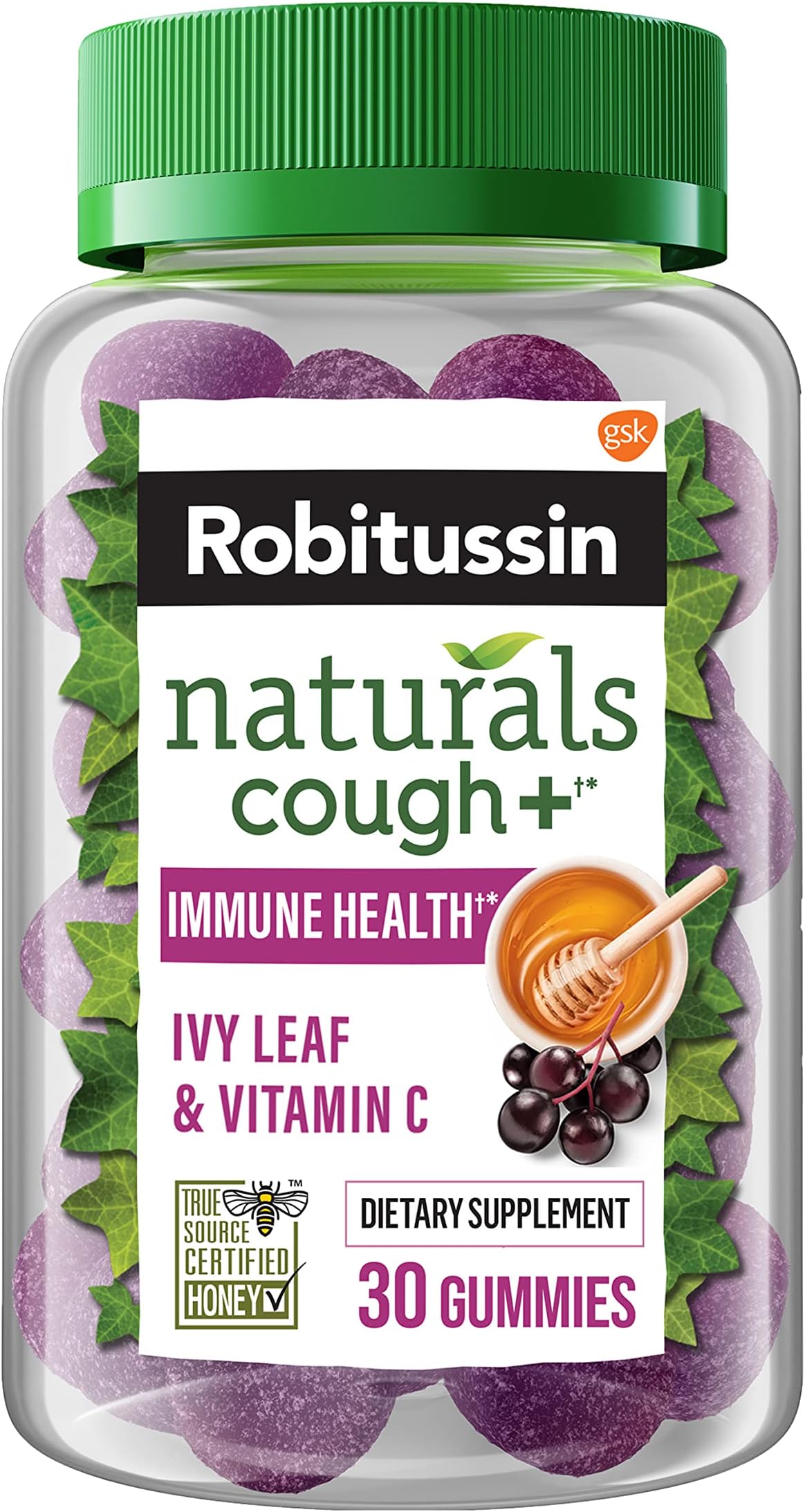 Robitussin Naturals Cough Plus Immune Health Gummies Dietary Supplement for Occasional Cough Relief and Immune Support, 30 Gummies