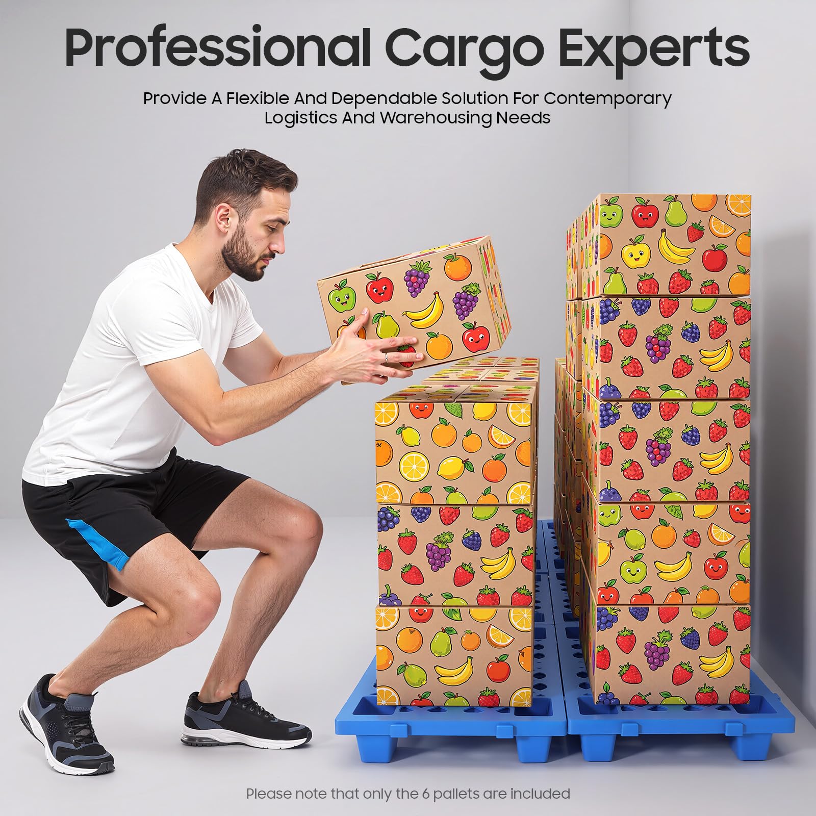 Lot de 6 palettes en plastique empilables 60 x 40 x 10 cm - Palettes légères avec fond cannelé et raccord à clipser pour entrepôt, logistique, extérieur, cuisine, buanderie, jusqu'à 100 kg (bleu)