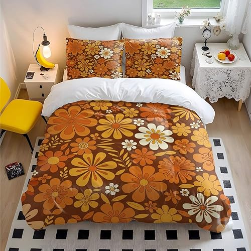 Juego de funda de edredón floral retro tamaño Queen, juego de cama de flores de los años 70, funda de edredón floral marrón con 2 fundas de