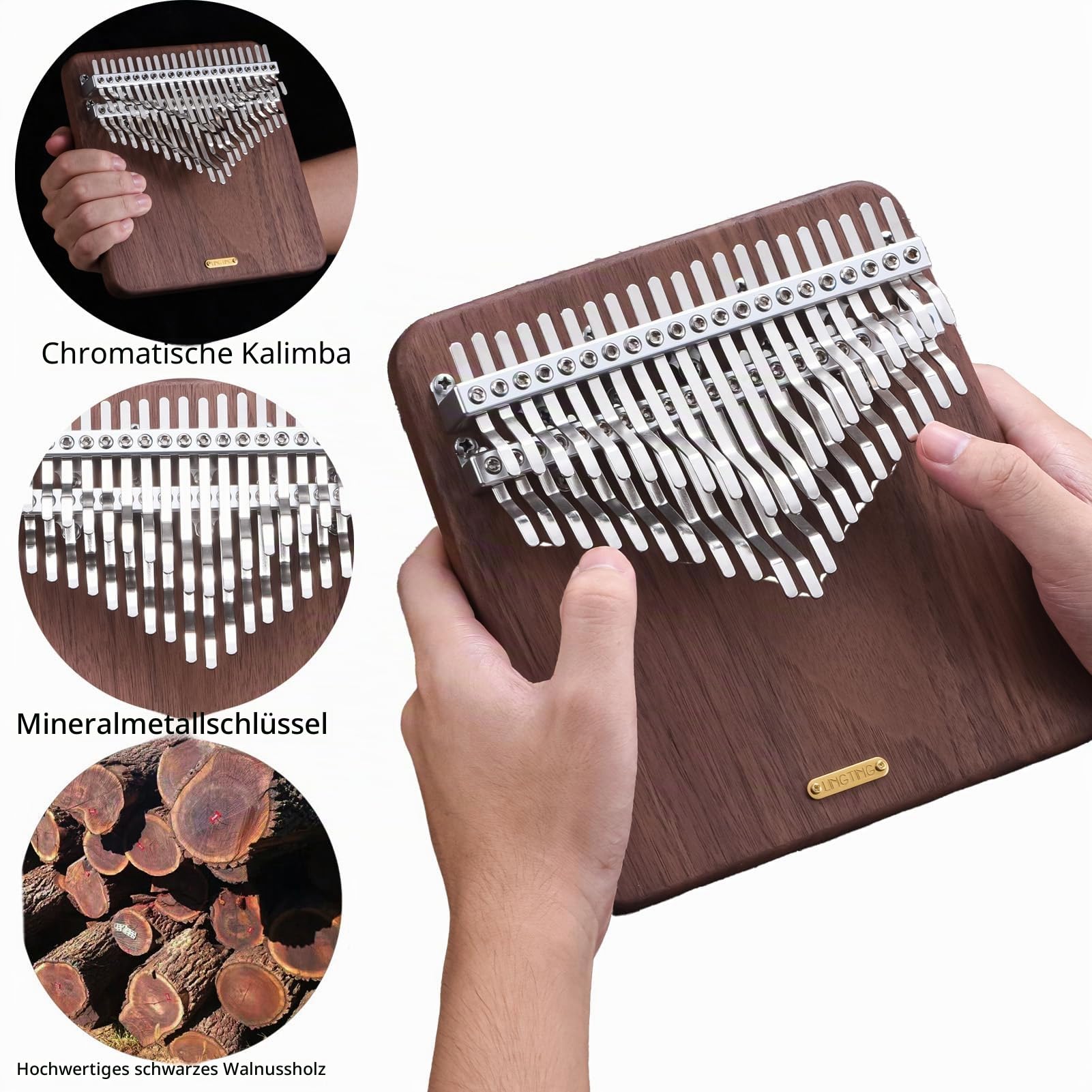 LingTing Kalimba Daumenklavier mit 42 Tasten, massives Walnussholz, chromatisches Mbira-Finger-Klavier-Geschenk für Kinder, Erwachsene, Anfänger, Profis (LT-K42W, Mondflüsterer)