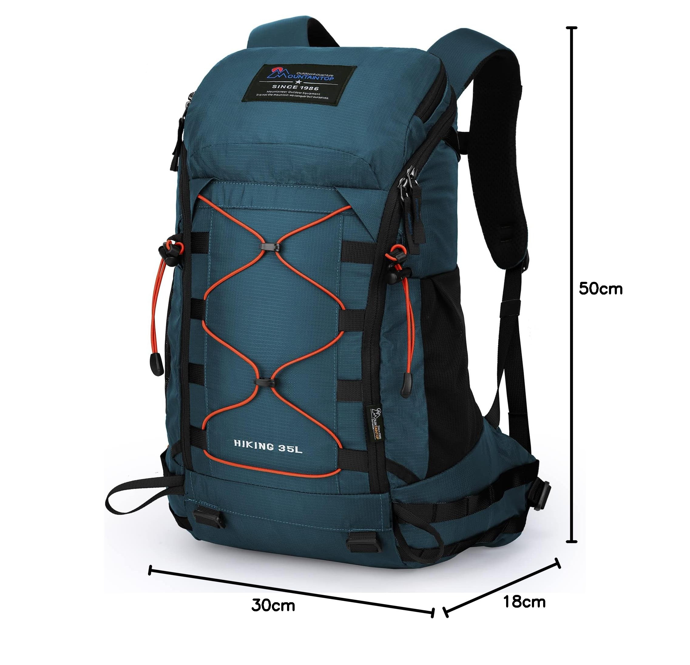 MOUNTAINTOP Mochila Trekking 35L Hombre Mujer Impermeable Viaje | Ideal para montaña senderismo y viajes, funda de lluvia incluida, cremalleras YKK, espalda ventilada cinturón acolchado