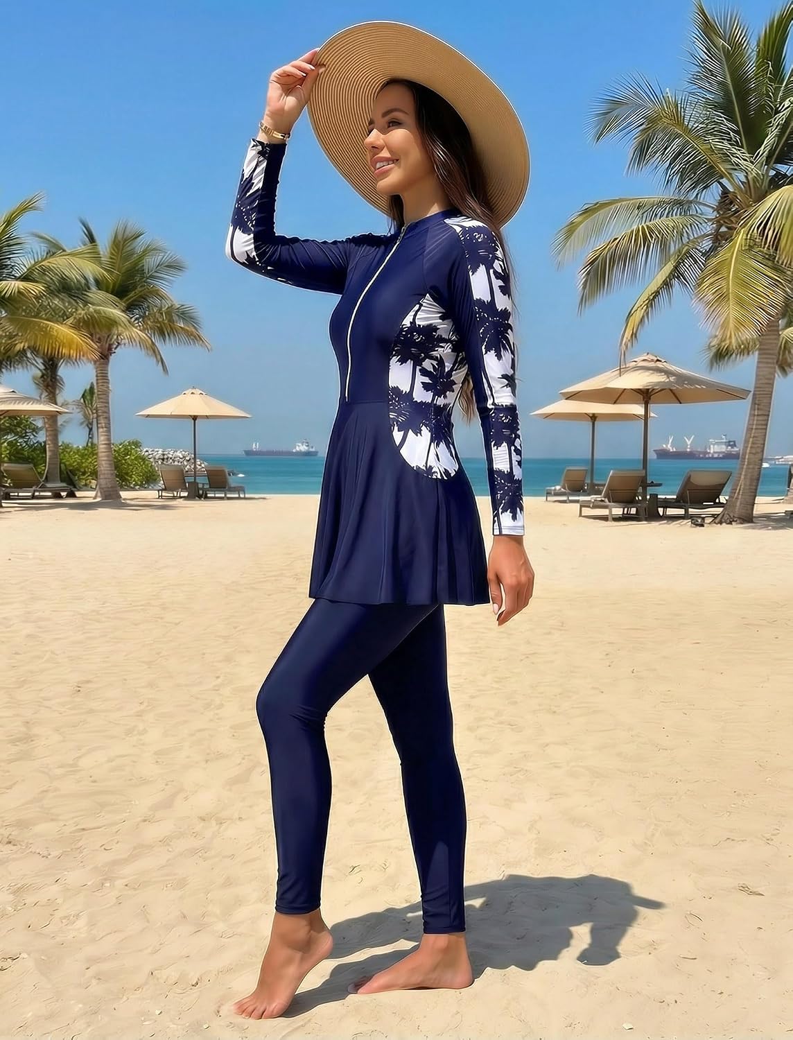 IBAKOM Women 2 Pieces Long Sleeve Modest Burkini Swimsuit Zip Up Tropical Muslim Bathing Suit Surfing Rash Guard Swimwear