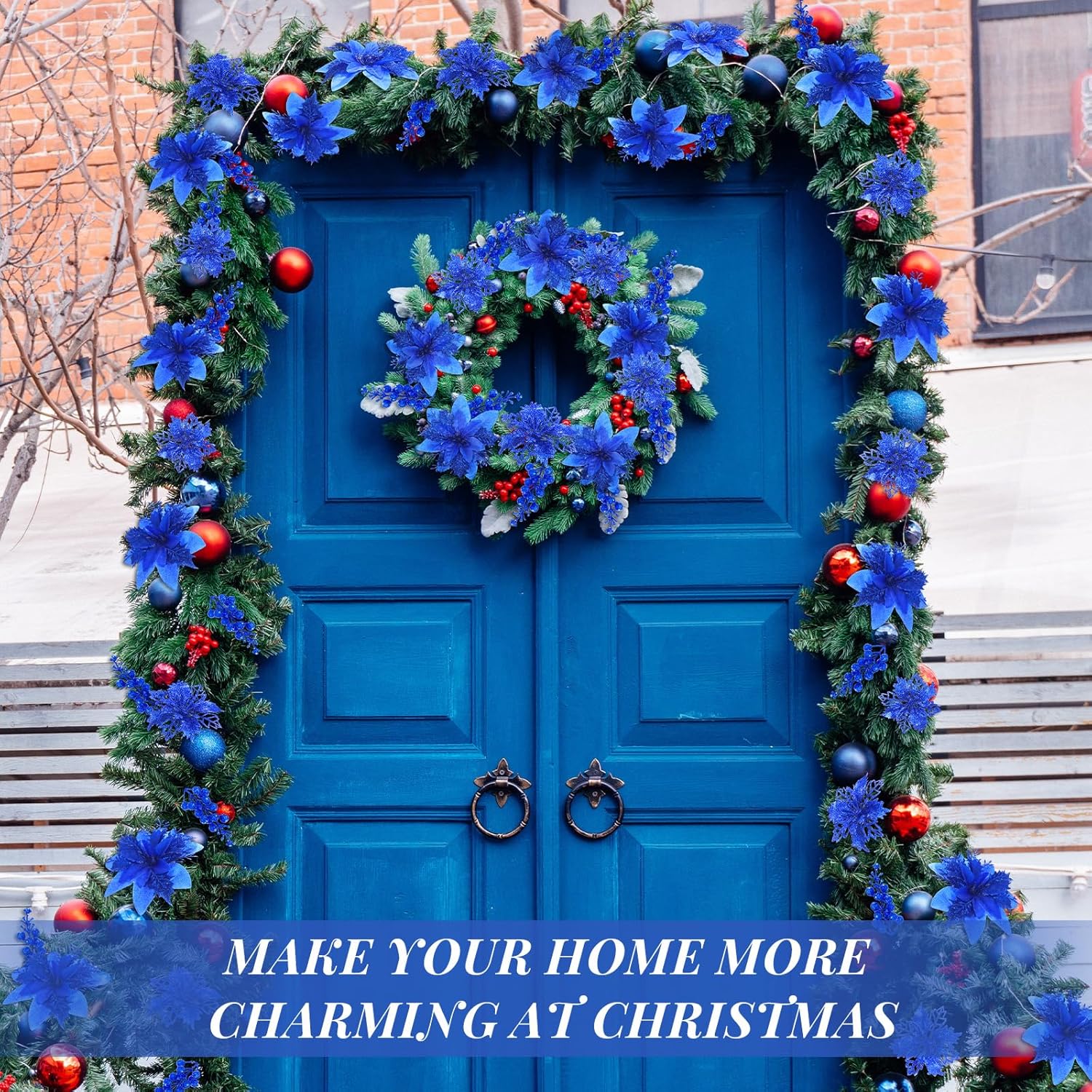 36 Pcs Royal Blue Poinsettias for Christmas Tree 2 Styles 5.5 4.5 Artificial Flower and 12 Berry Stem Glitter Flower Christmas Decoration Xmas Tree Ornament for Wreath